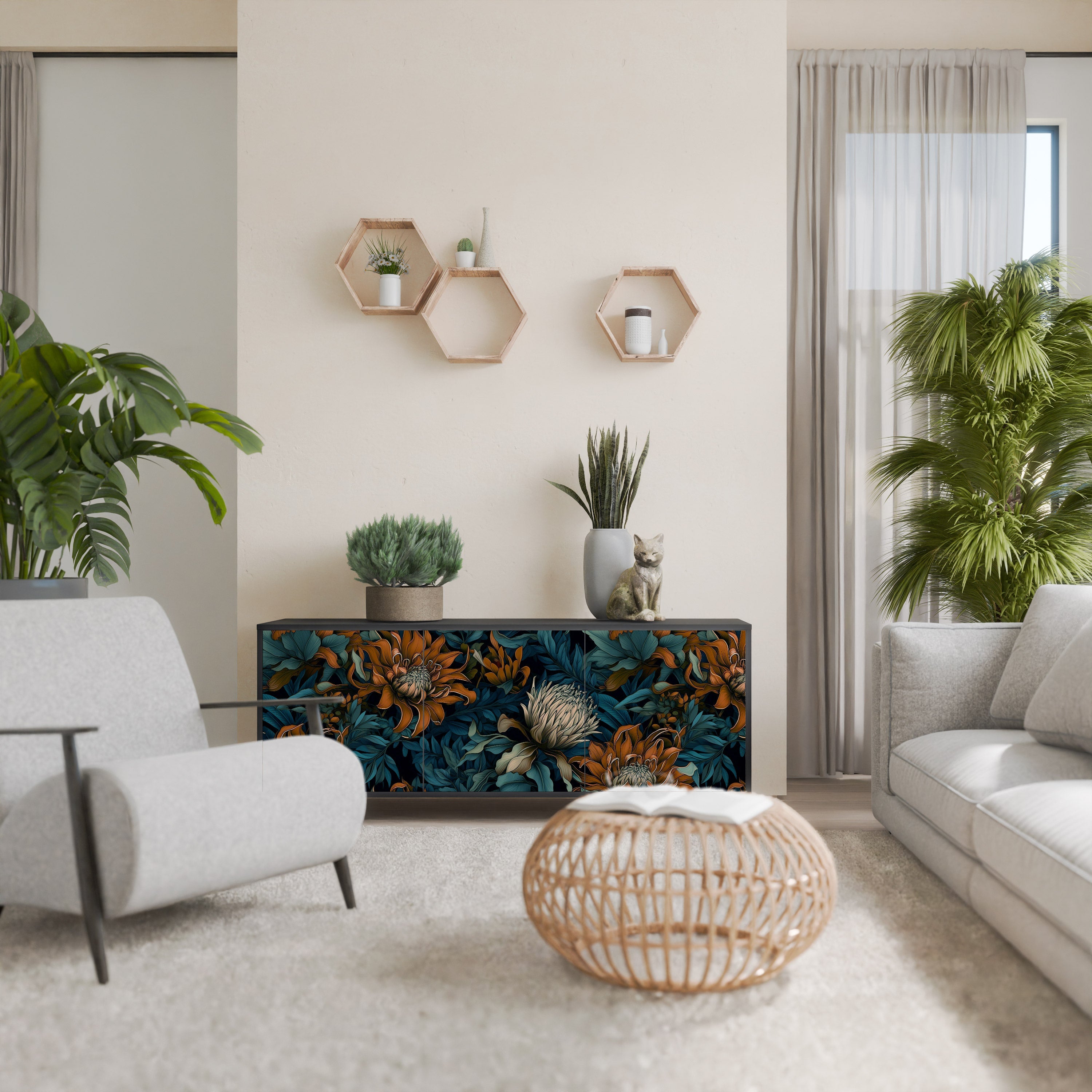 MORNING BLOOM Aparador de 3 Portas em Acabamento Preto