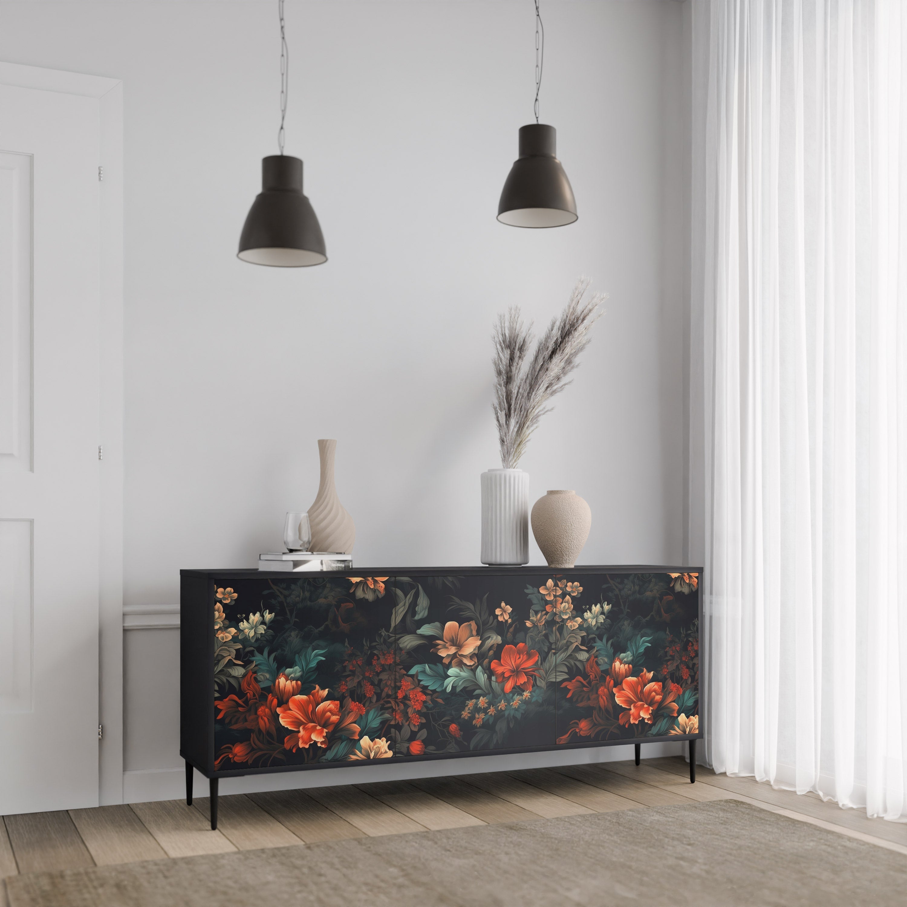 IMAGINARY BLOSSOM 3-Door Sideboard in Black Finish