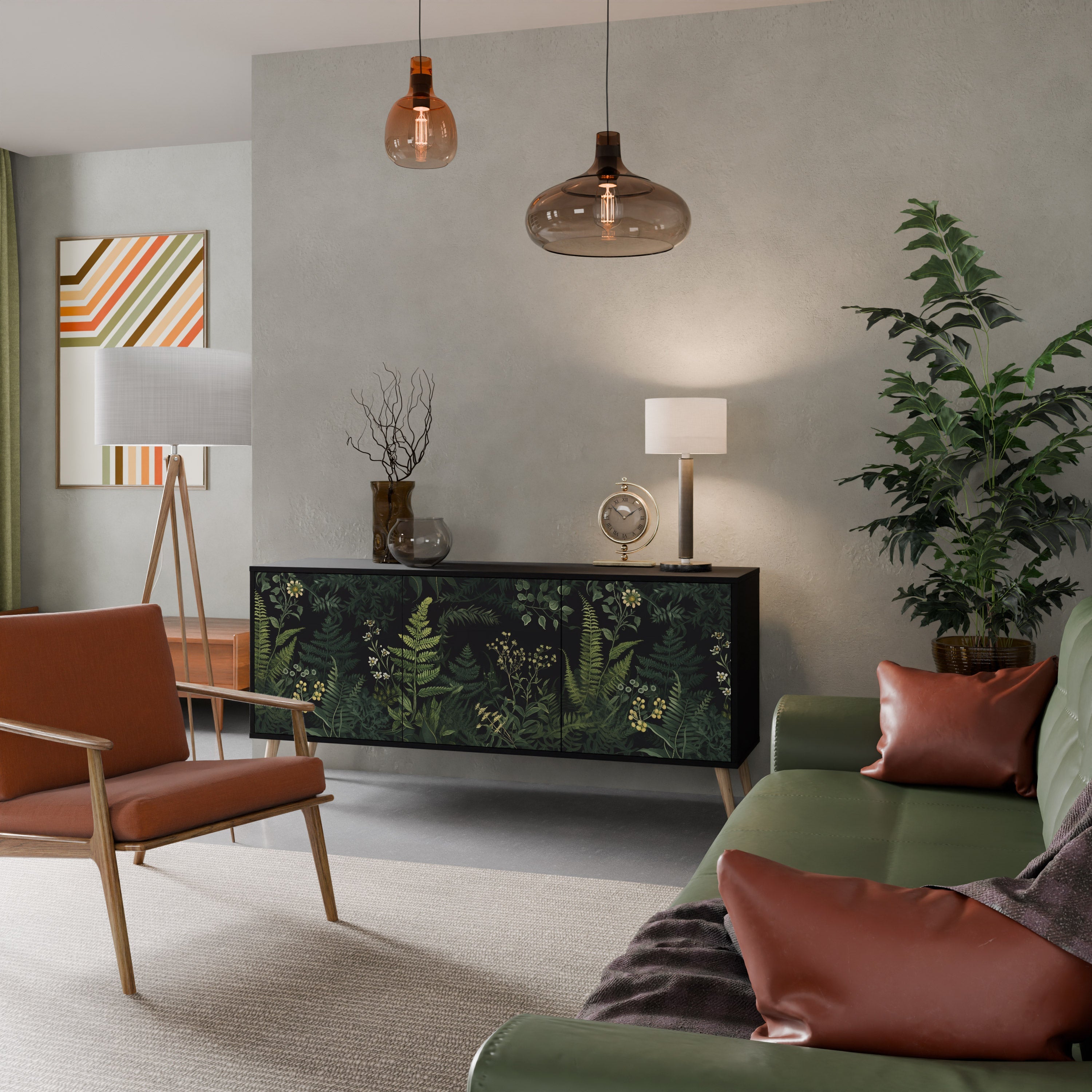 FERN FLOWERS Aparador de 3 Portas em Acabamento Preto