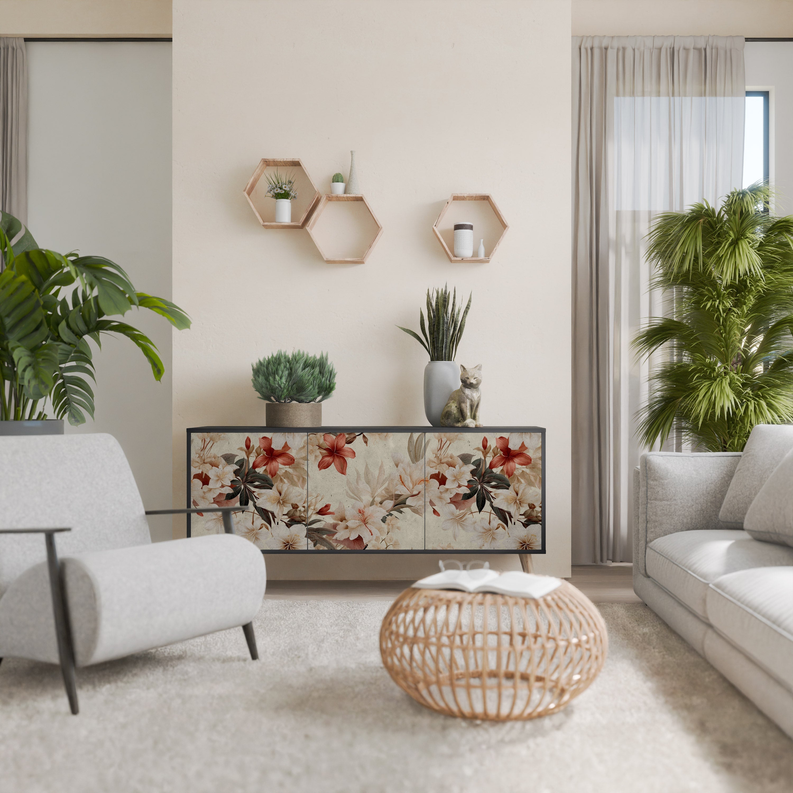 PETAL HARMONY Aparador de 3 Portas em Acabamento Preto