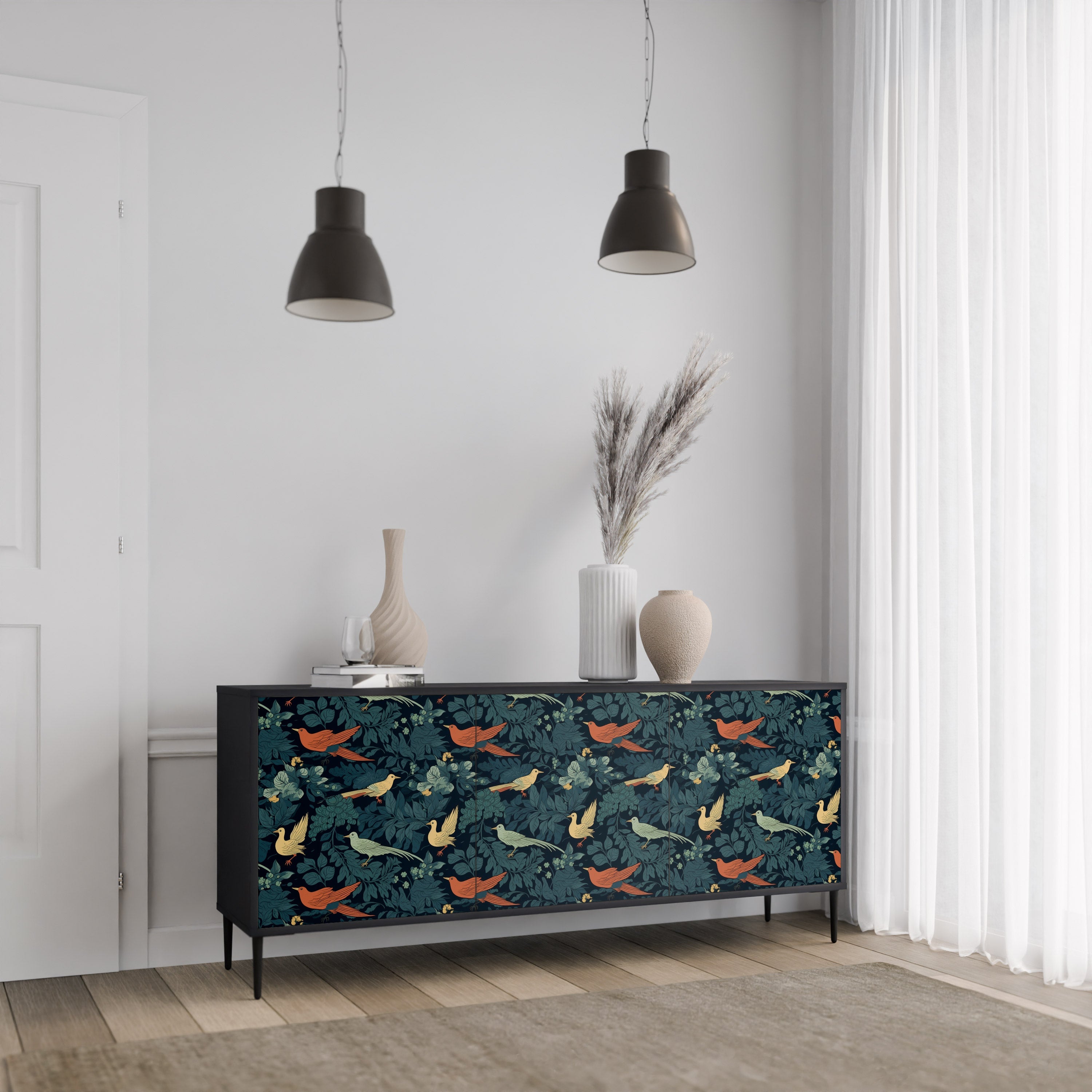 FOWL ORNAMENT 3-Door Sideboard in Black Finish