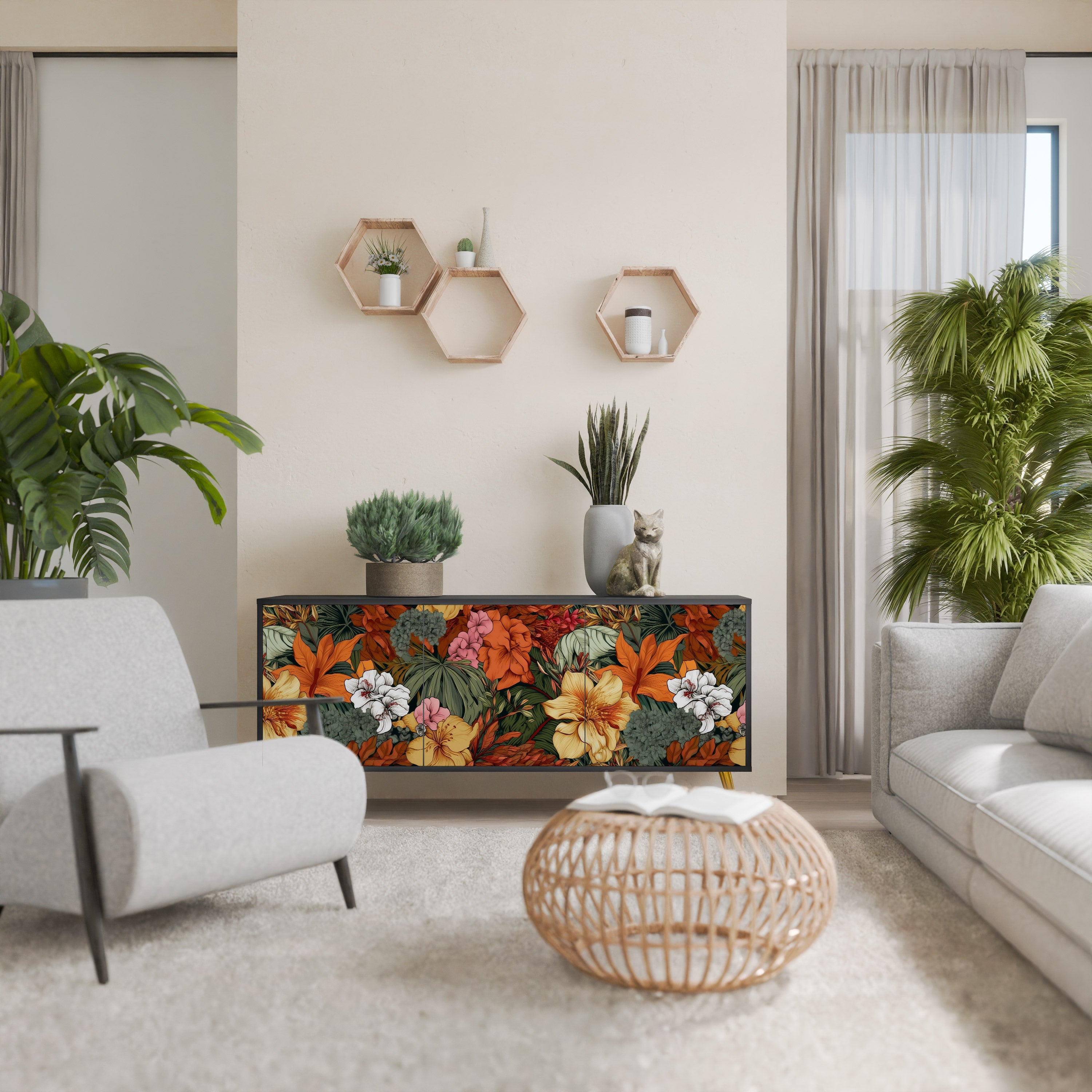 RADIANT FLORA Aparador de 3 Portas em Acabamento Preto