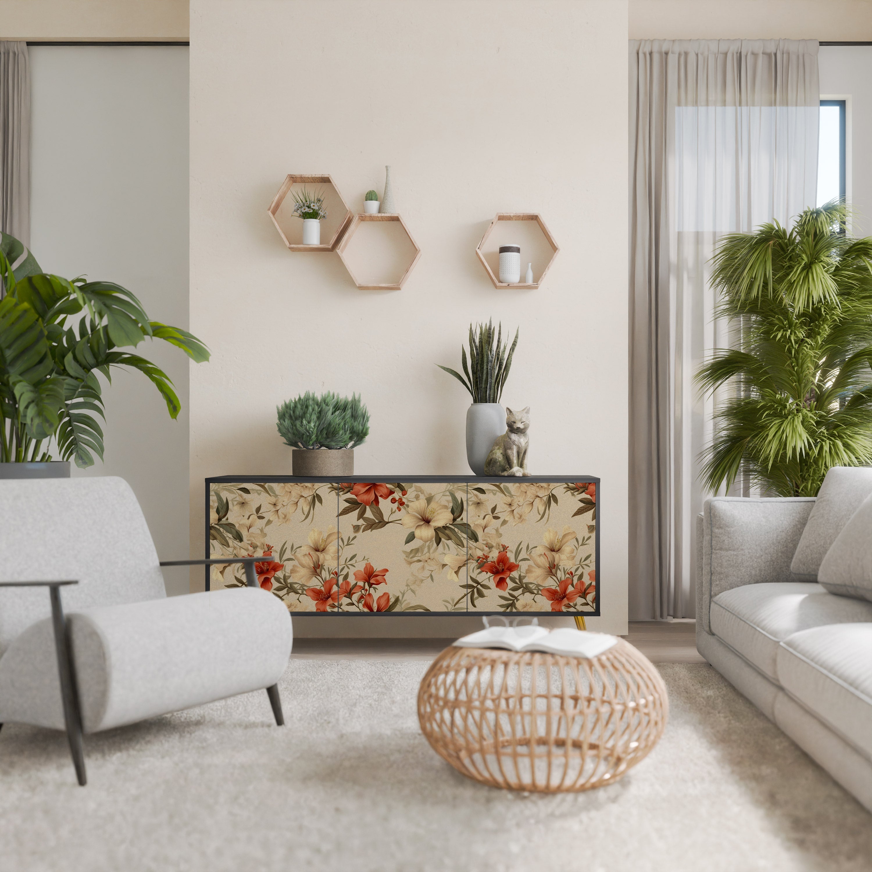 BLOOMING HARMONY Aparador de 3 Portas em Acabamento Preto