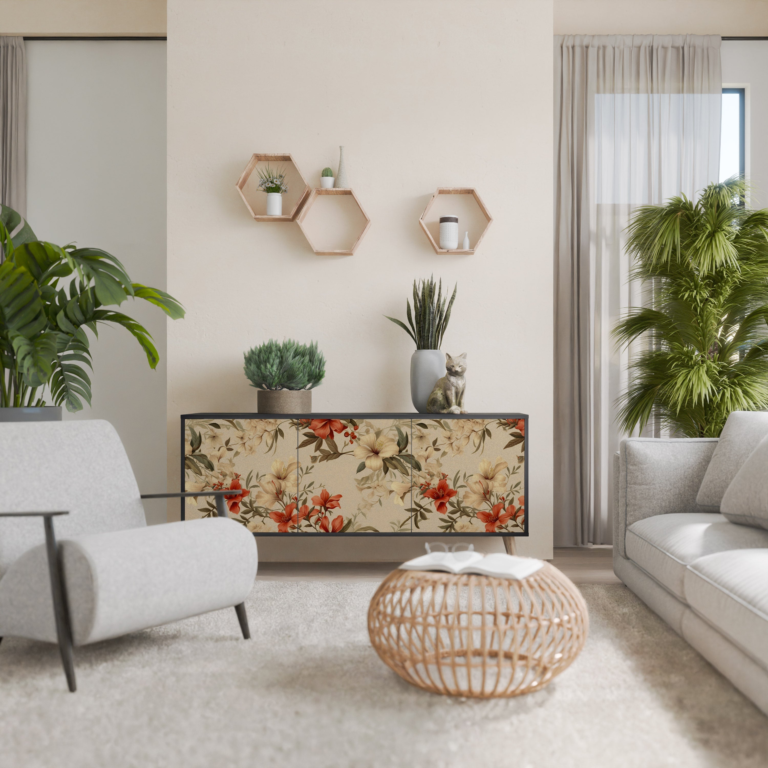 BLOOMING HARMONY Aparador de 3 Portas em Acabamento Preto