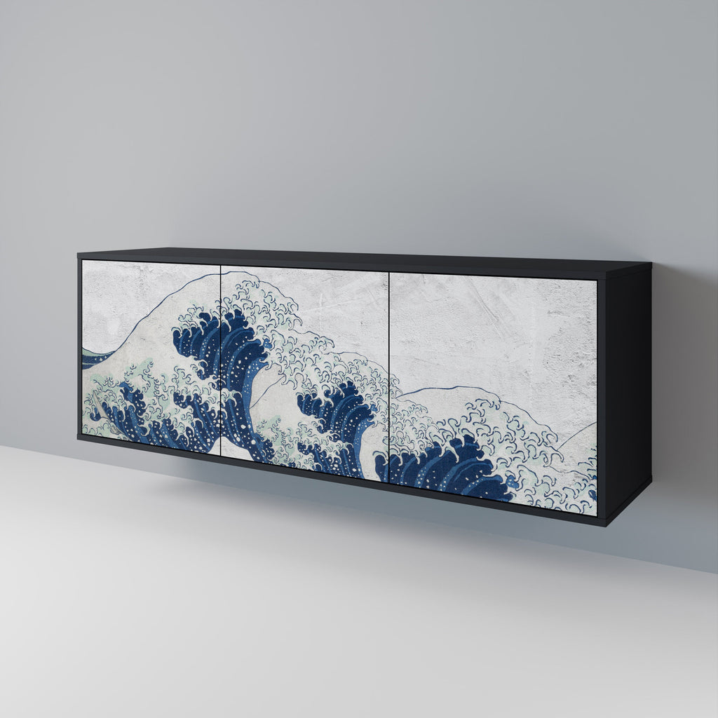 THE GREAT WAVE AT KANAGAWA 3-Door Sideboard in Black Finish