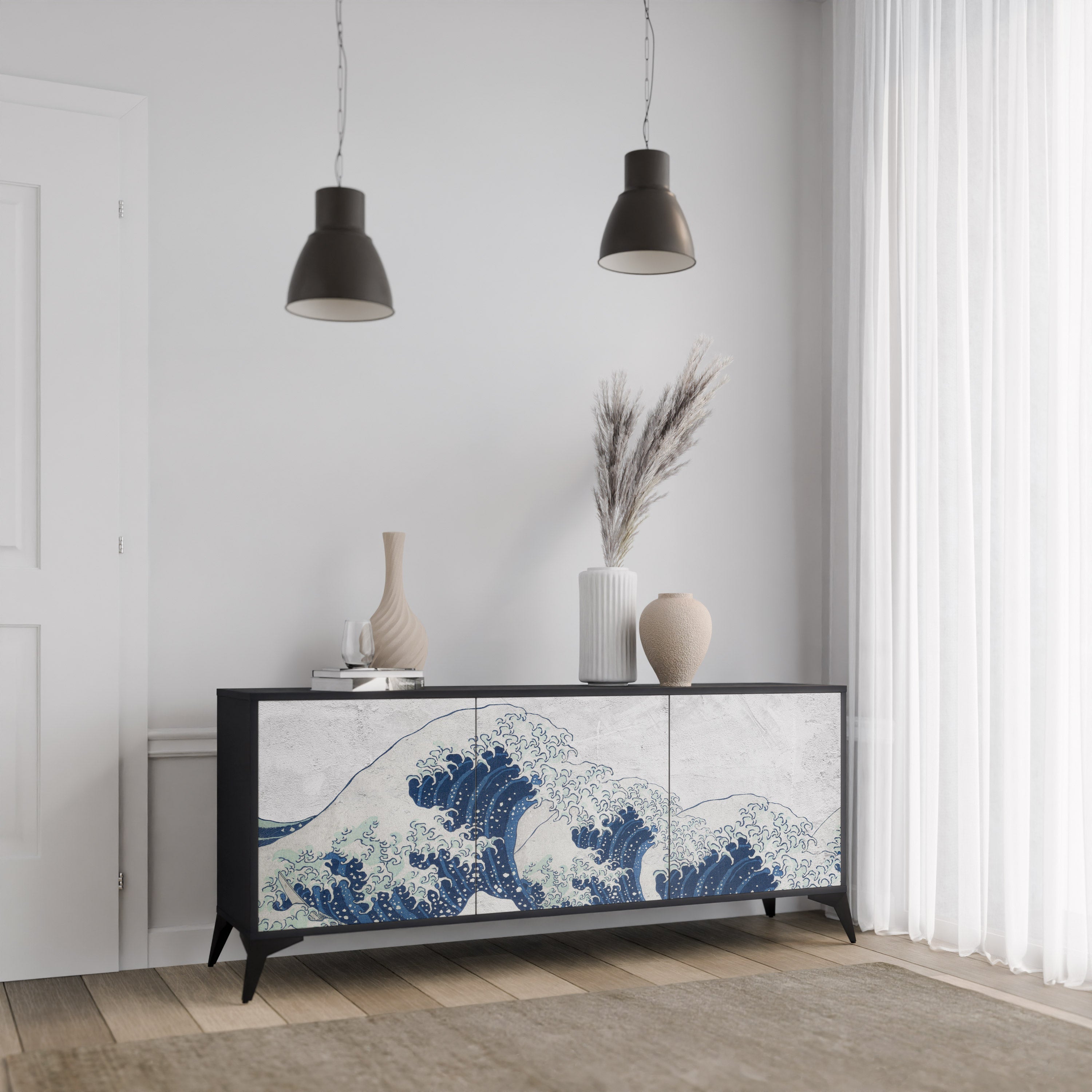 THE GREAT WAVE AT KANAGAWA 3-Door Sideboard in Black Finish