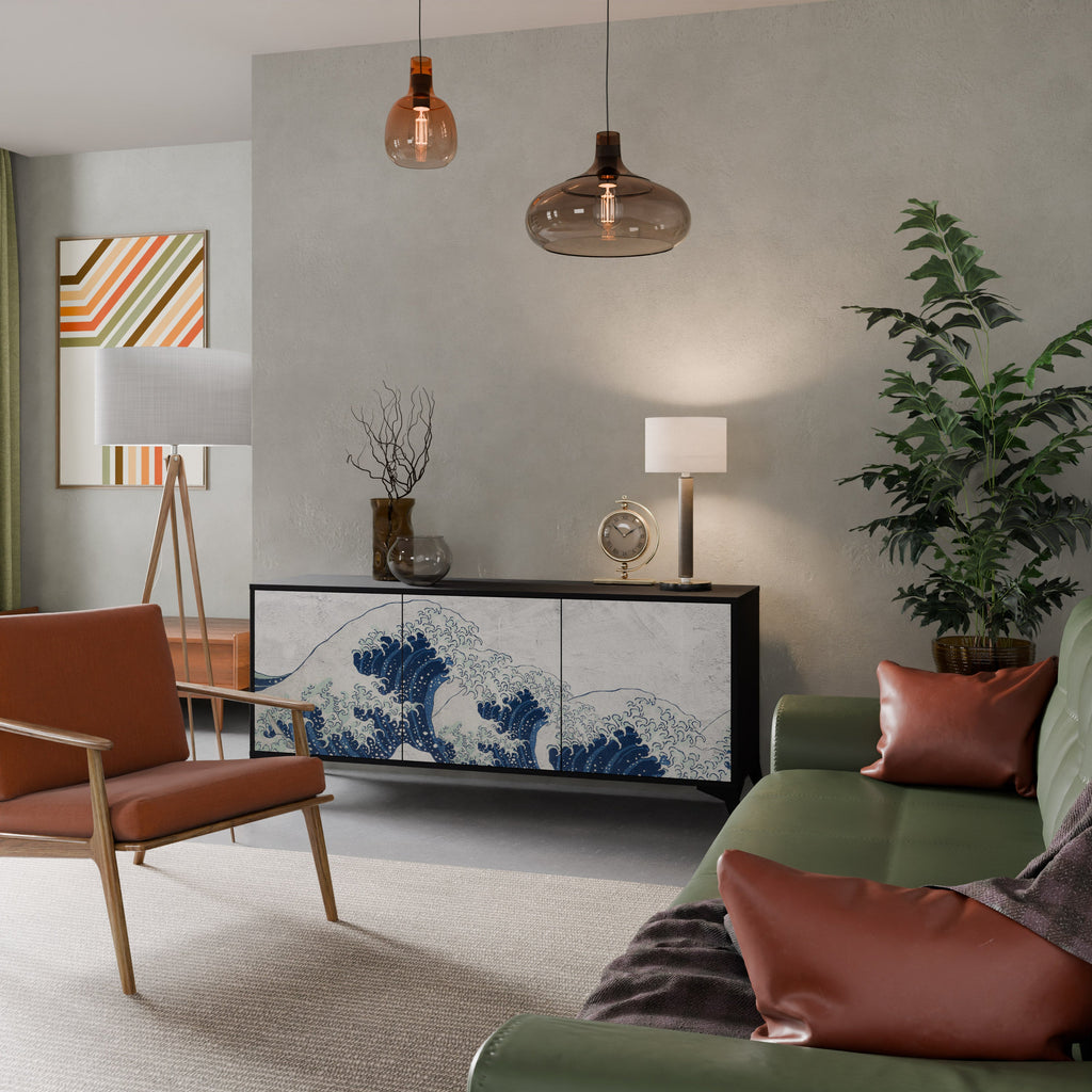 THE GREAT WAVE AT KANAGAWA 3-Door Sideboard in Black Finish