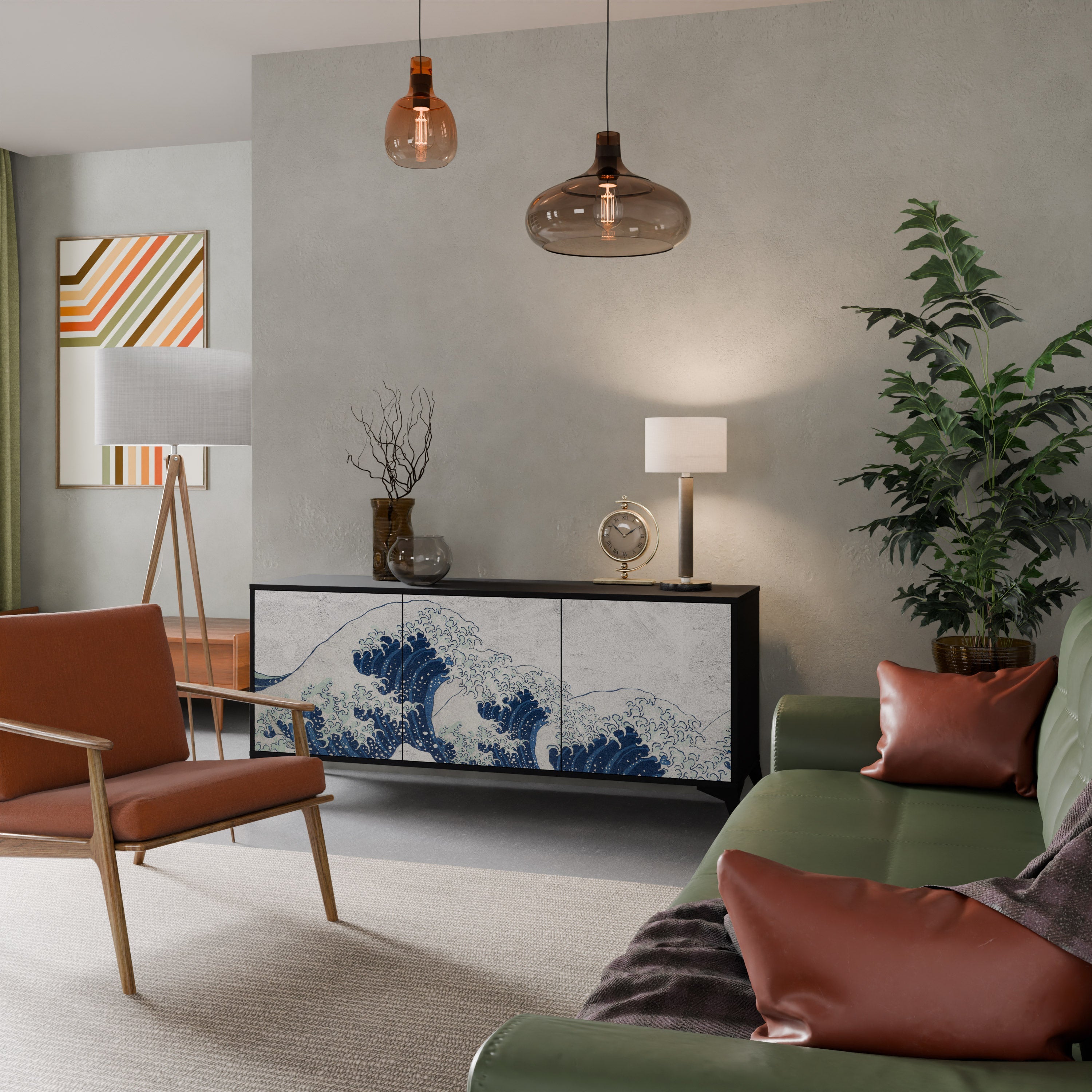 THE GREAT WAVE AT KANAGAWA 3-Door Sideboard in Black Finish