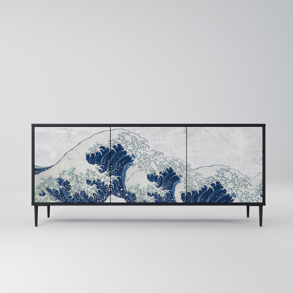 THE GREAT WAVE AT KANAGAWA 3-Door Sideboard in Black Finish