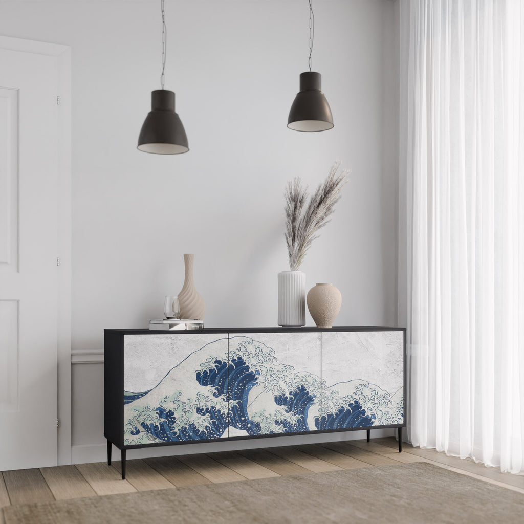 THE GREAT WAVE AT KANAGAWA 3-Door Sideboard in Black Finish