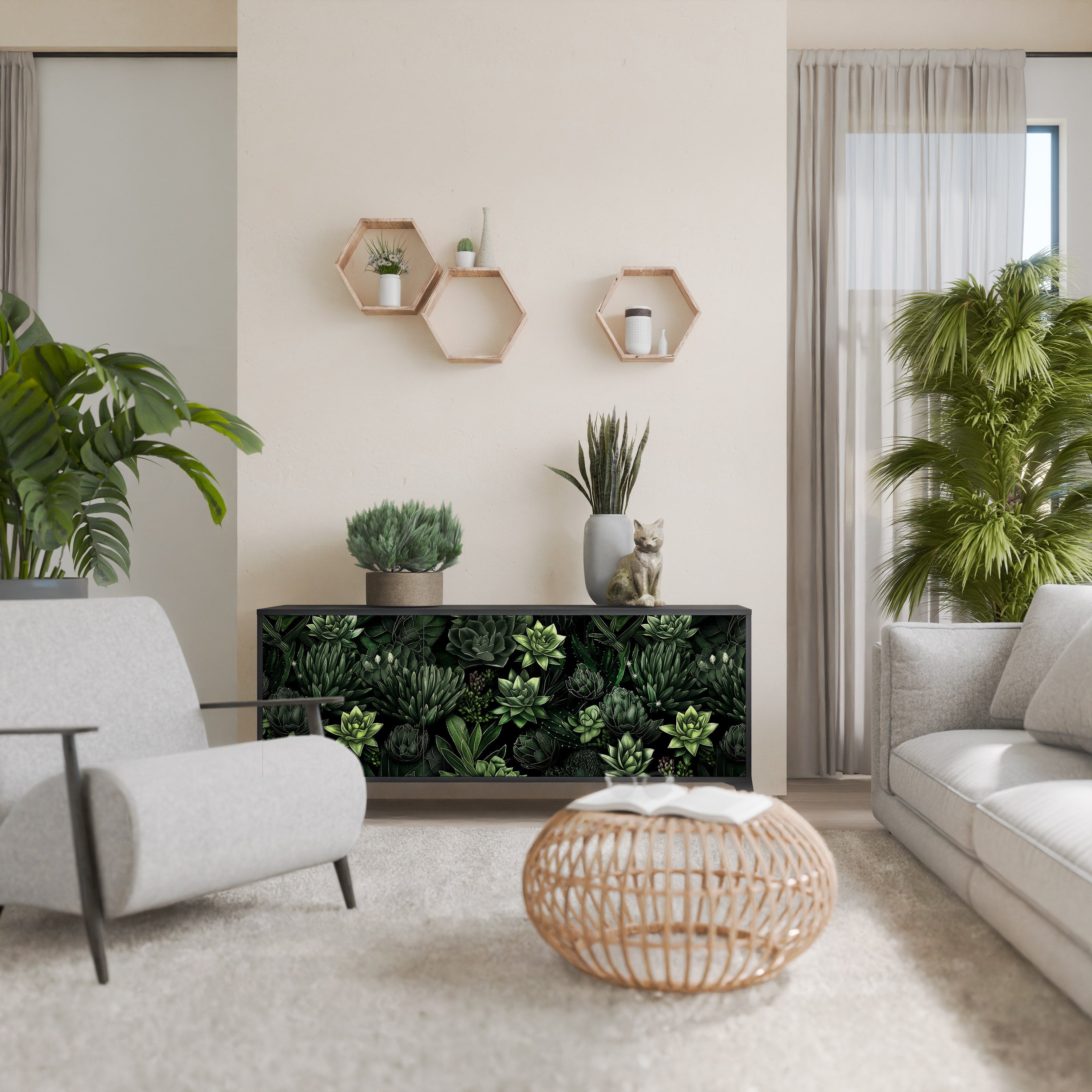 SUCCULENT JUNGLE Aparador de 3 Portas em Acabamento Preto