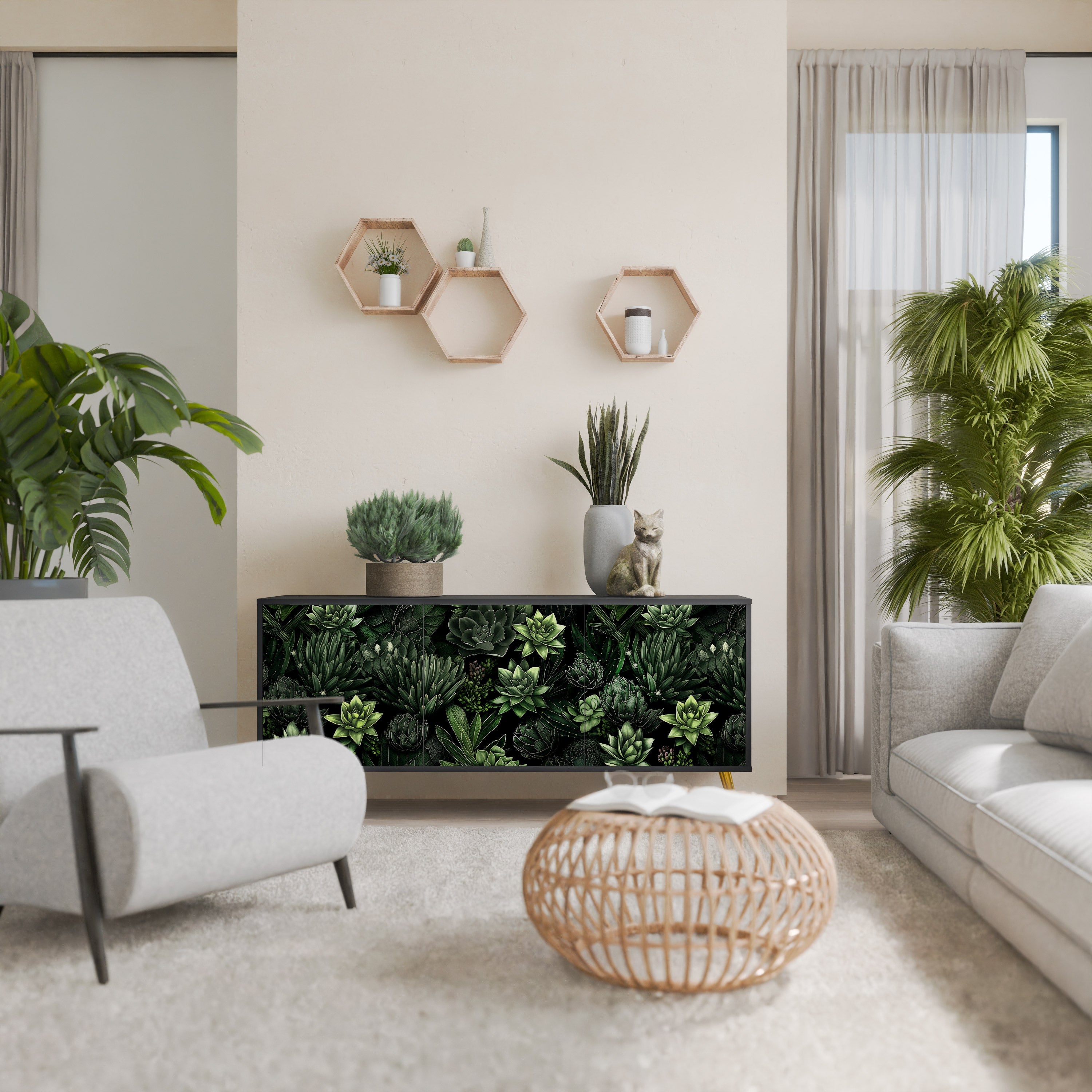 SUCCULENT JUNGLE Aparador de 3 Portas em Acabamento Preto