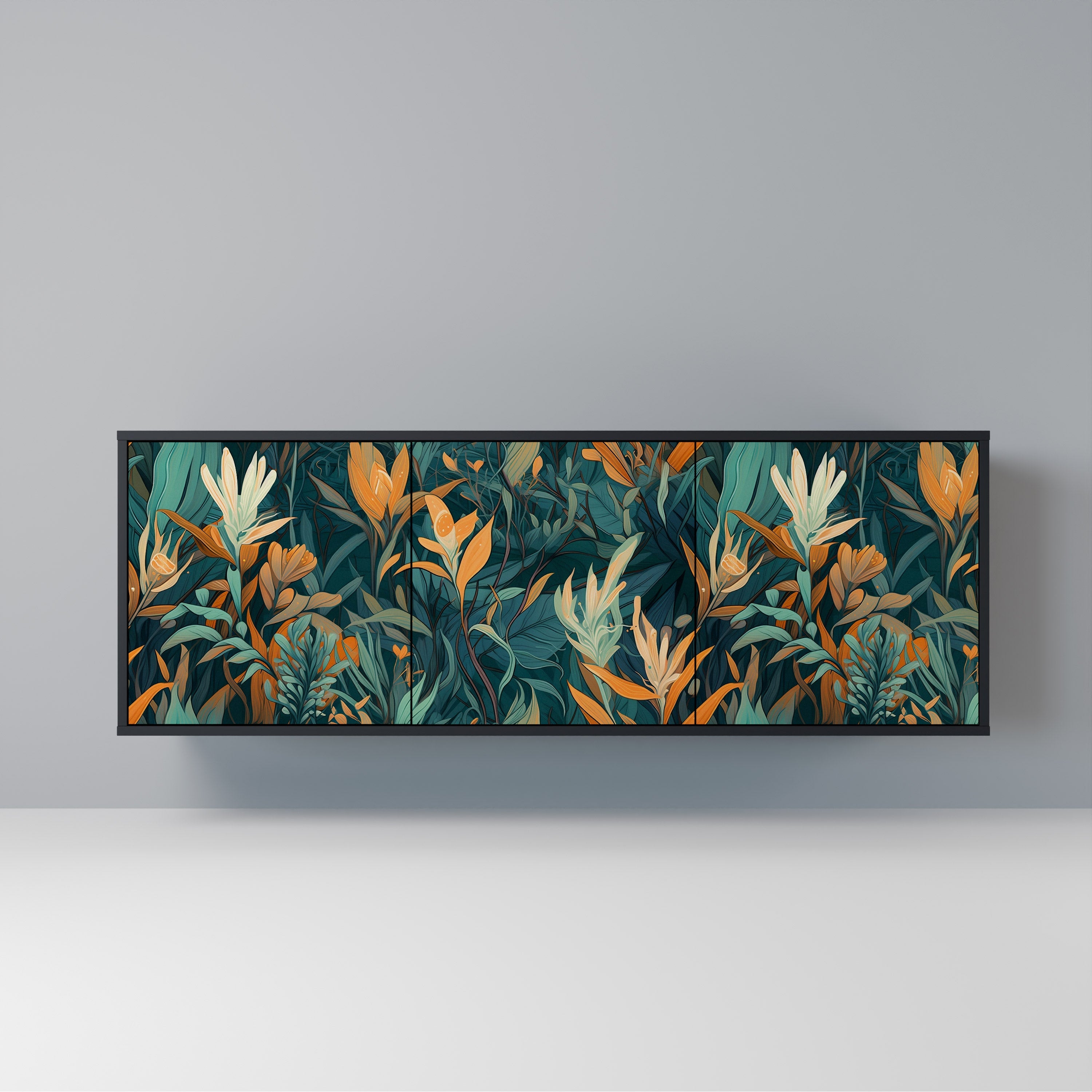 FLORAL SERENITY Aparador de 3 Portas em Acabamento Preto