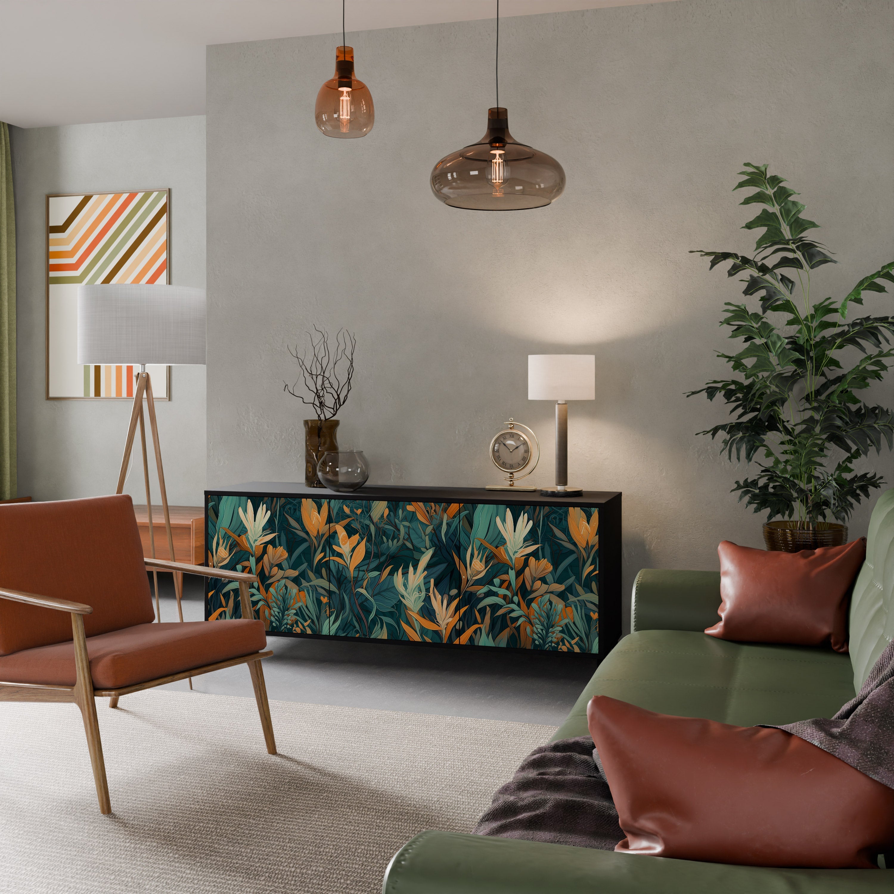 FLORAL SERENITY Aparador de 3 Portas em Acabamento Preto