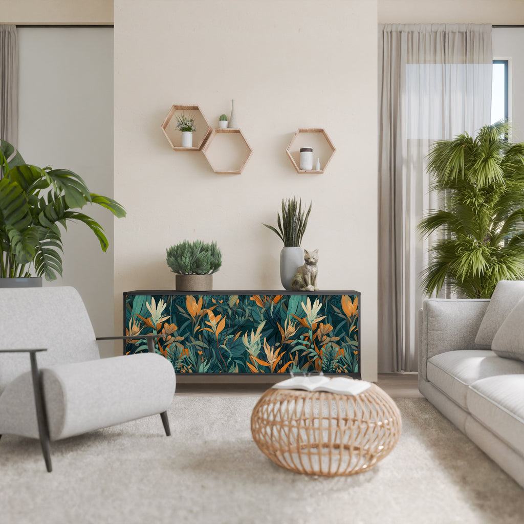 FLORAL SERENITY Aparador de 3 Portas em Acabamento Preto