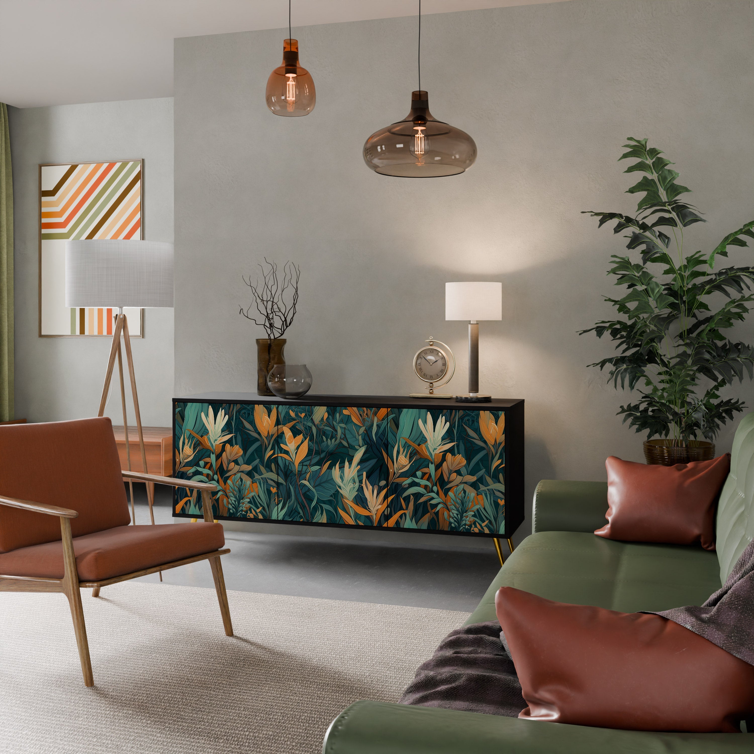 FLORAL SERENITY Aparador de 3 Portas em Acabamento Preto