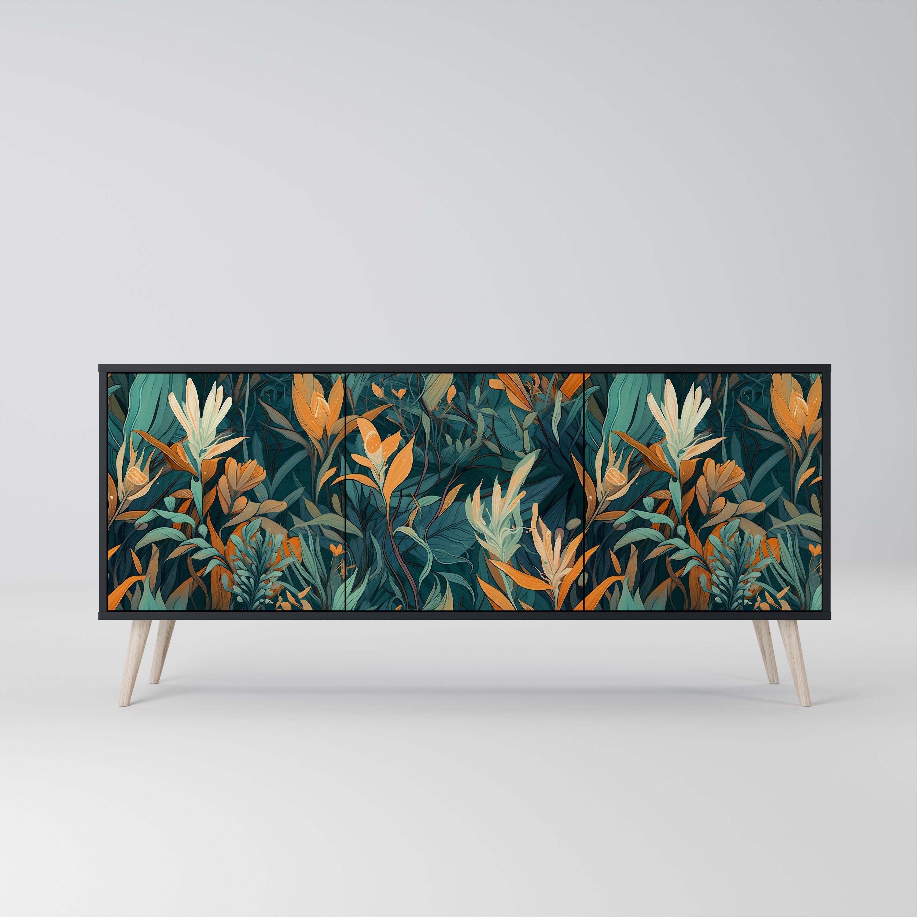 FLORAL SERENITY Aparador de 3 Portas em Acabamento Preto