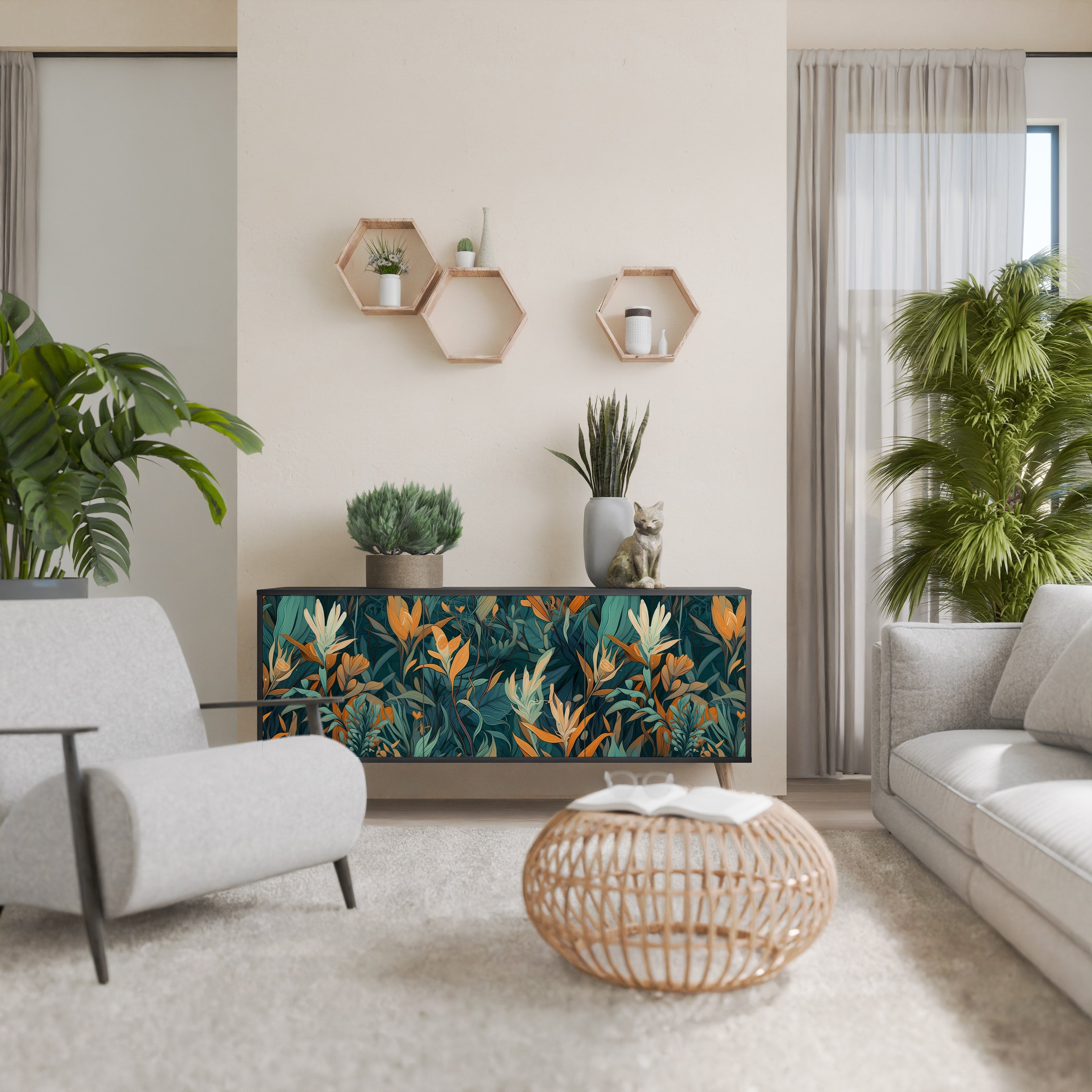 FLORAL SERENITY Aparador de 3 Portas em Acabamento Preto