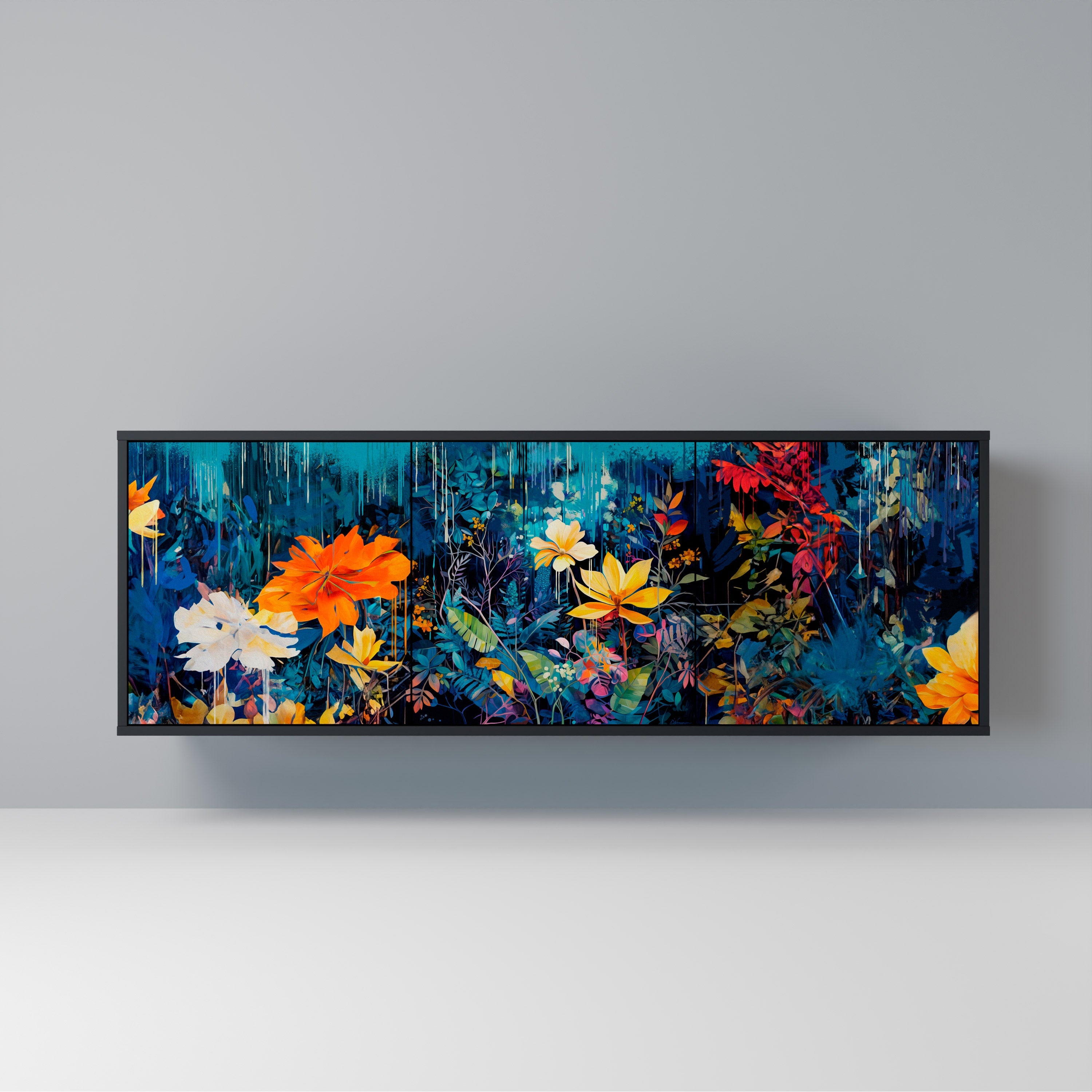 MIDNIGHT BLOSSOM Aparador de 3 Portas em Acabamento Preto