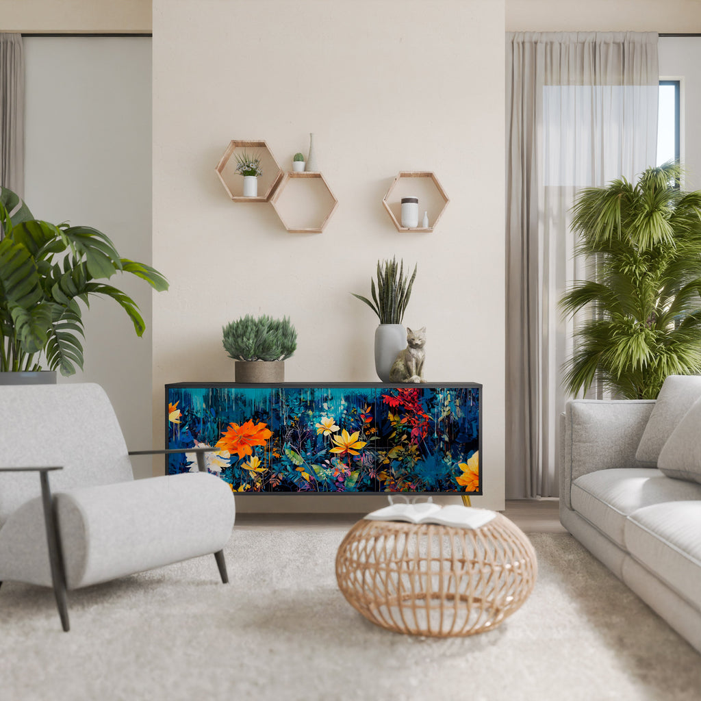 MIDNIGHT BLOSSOM Aparador de 3 Portas em Acabamento Preto