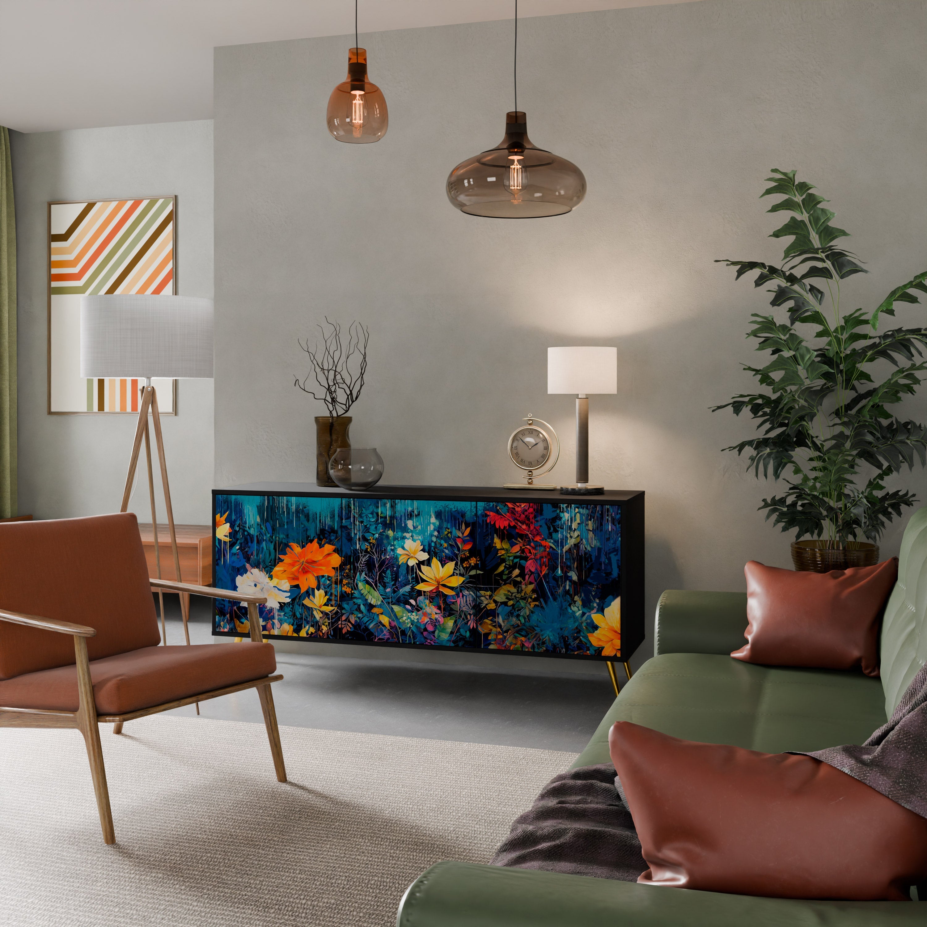 MIDNIGHT BLOSSOM Aparador de 3 Portas em Acabamento Preto