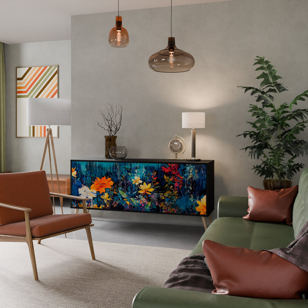 MIDNIGHT BLOSSOM Aparador de 3 Portas em Acabamento Preto