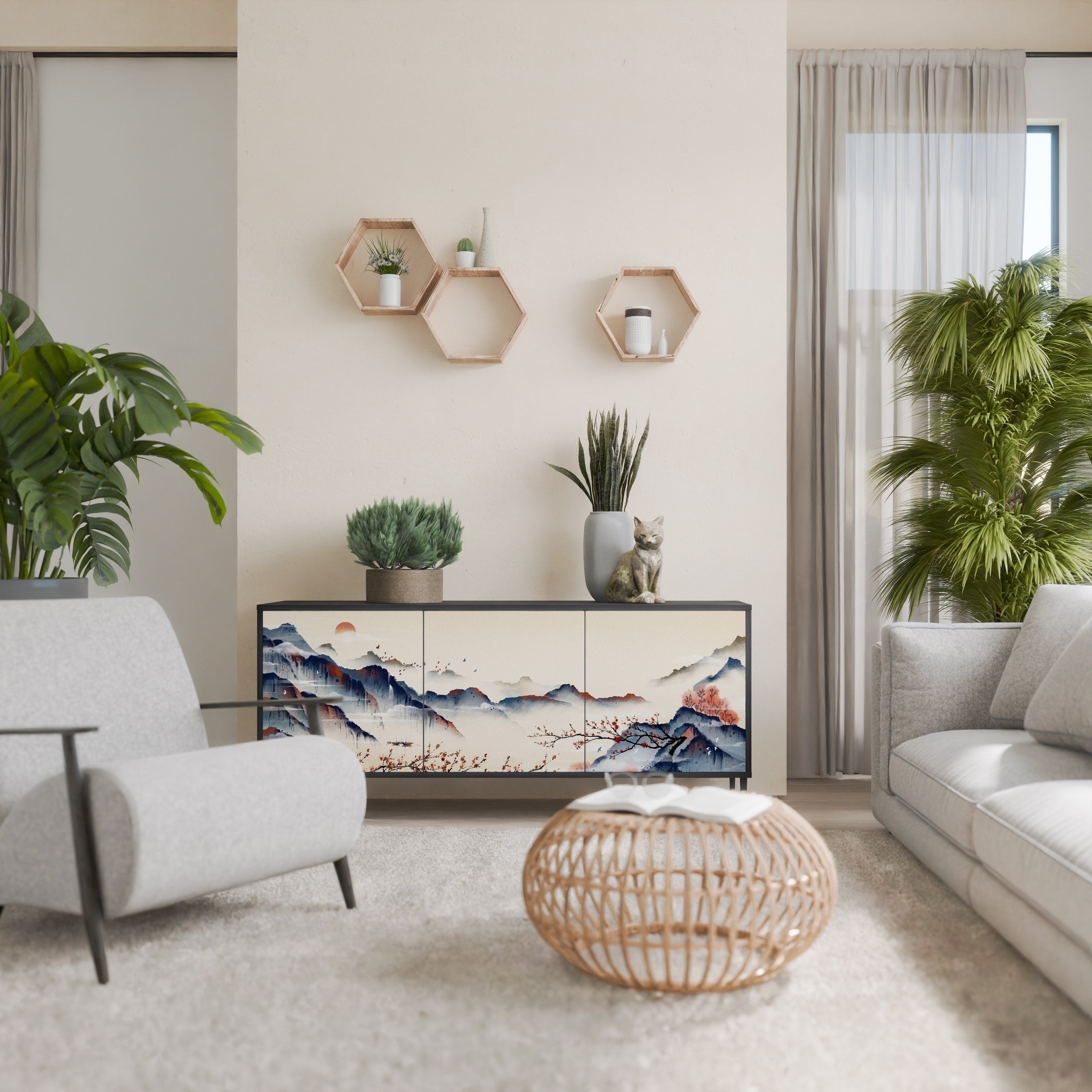 JAPANESE LANDSCAPE Aparador de 3 Portas em Acabamento Preto