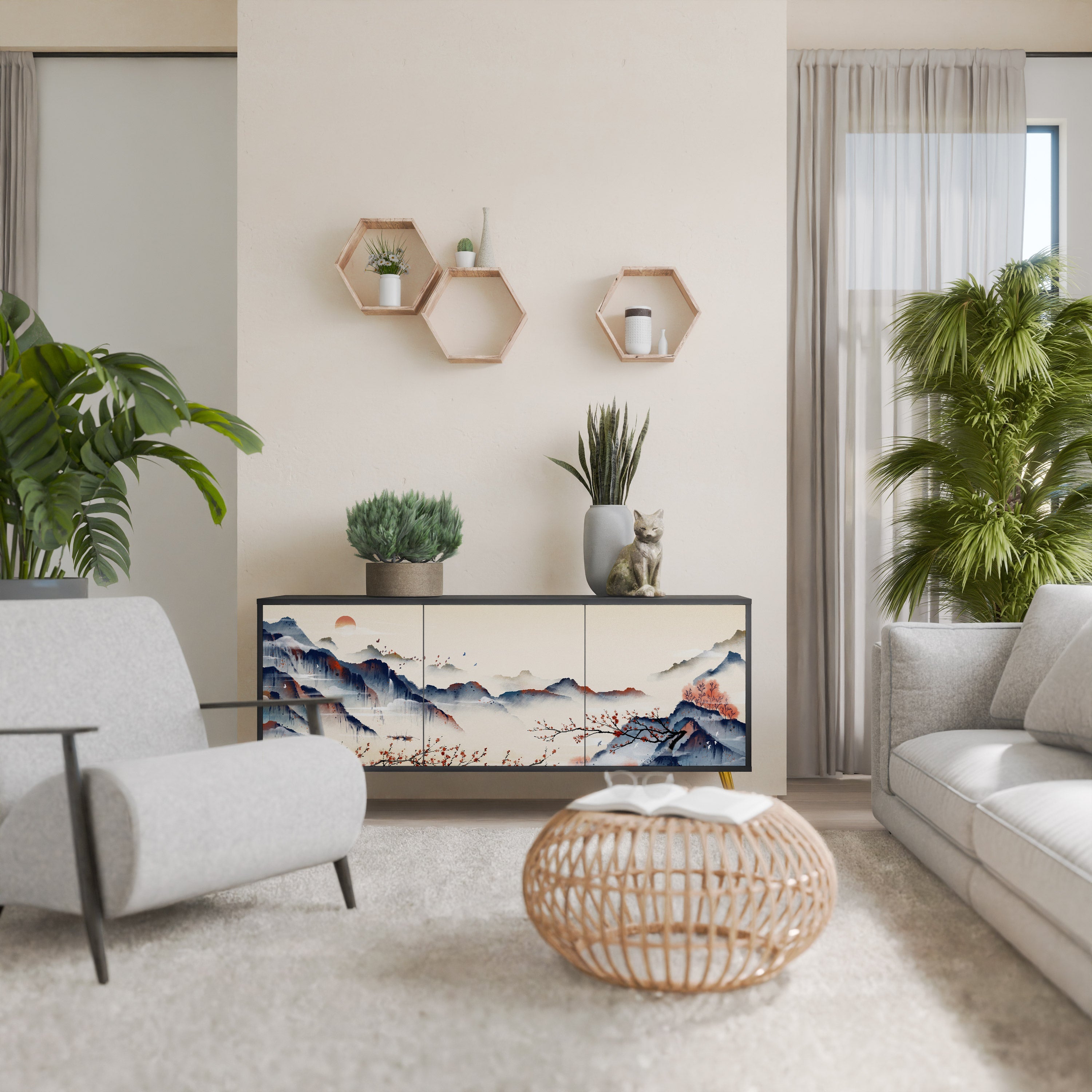 JAPANESE LANDSCAPE Aparador de 3 Portas em Acabamento Preto