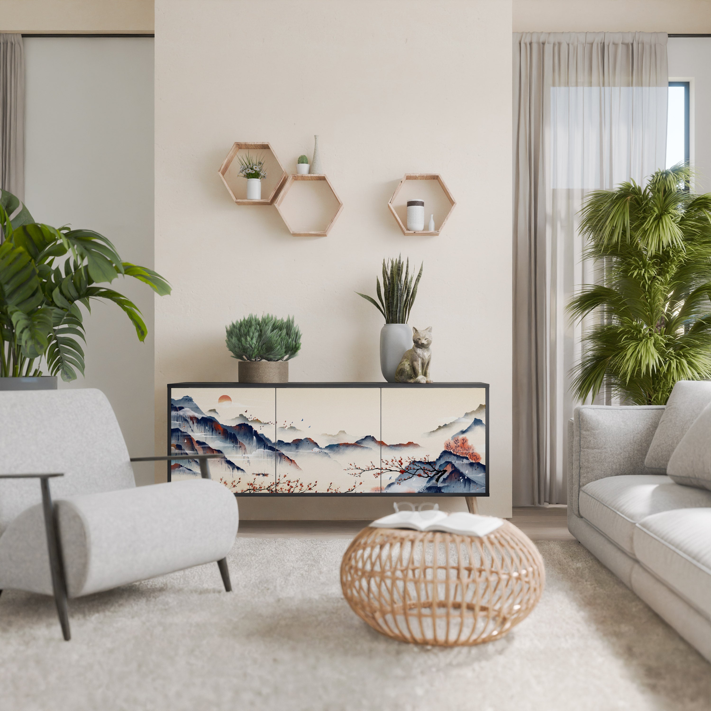 JAPANESE LANDSCAPE Aparador de 3 Portas em Acabamento Preto