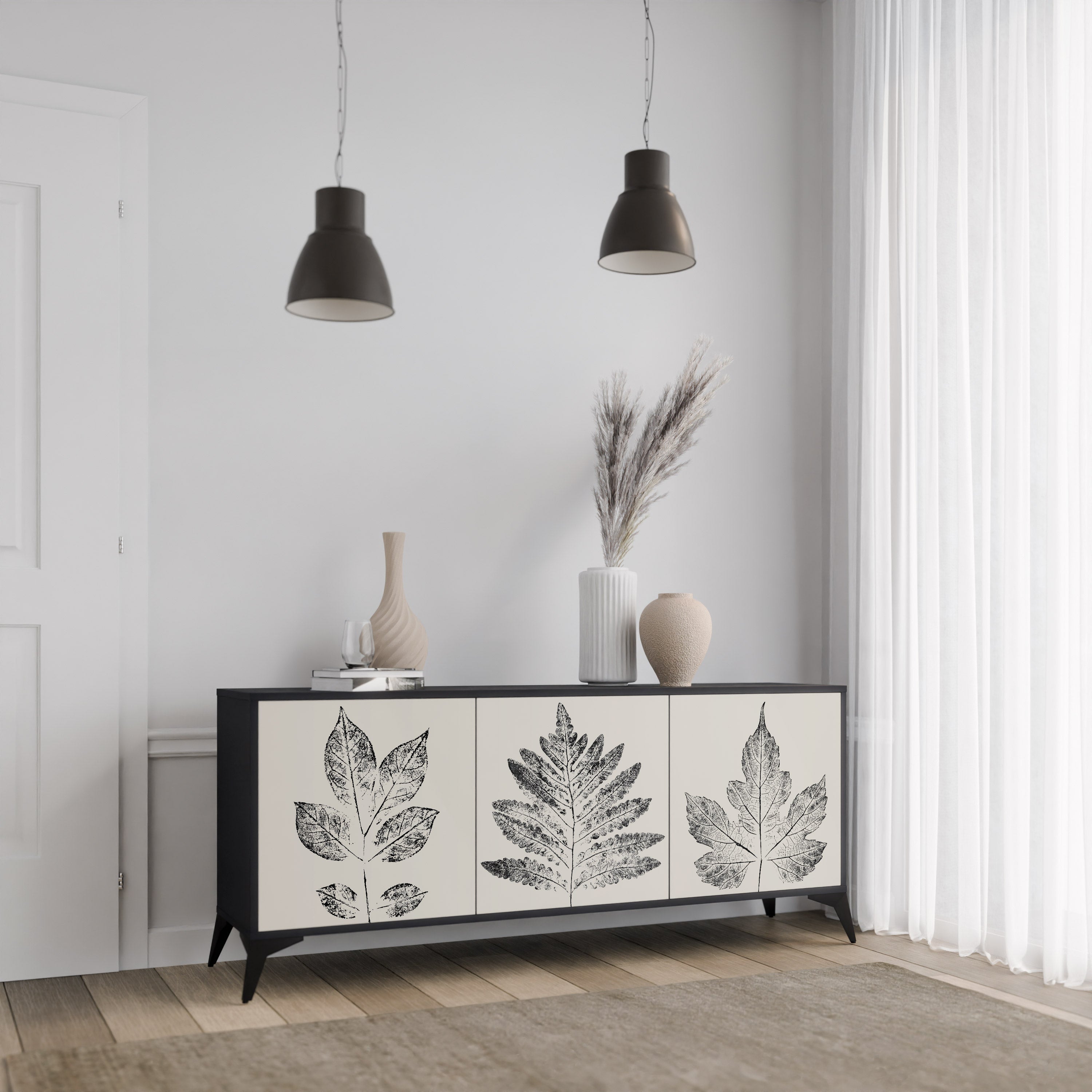 LEAFY STAMPS 3-Door Sideboard in Black Finish