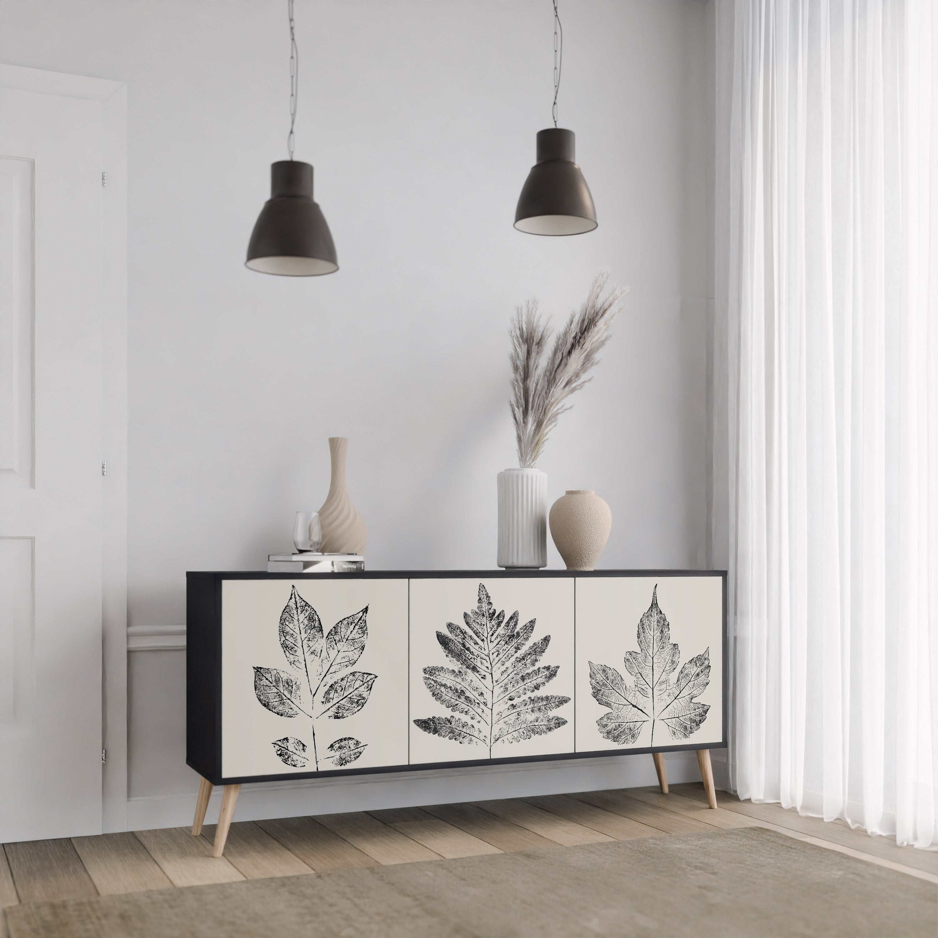 LEAFY STAMPS 3-Door Sideboard in Black Finish