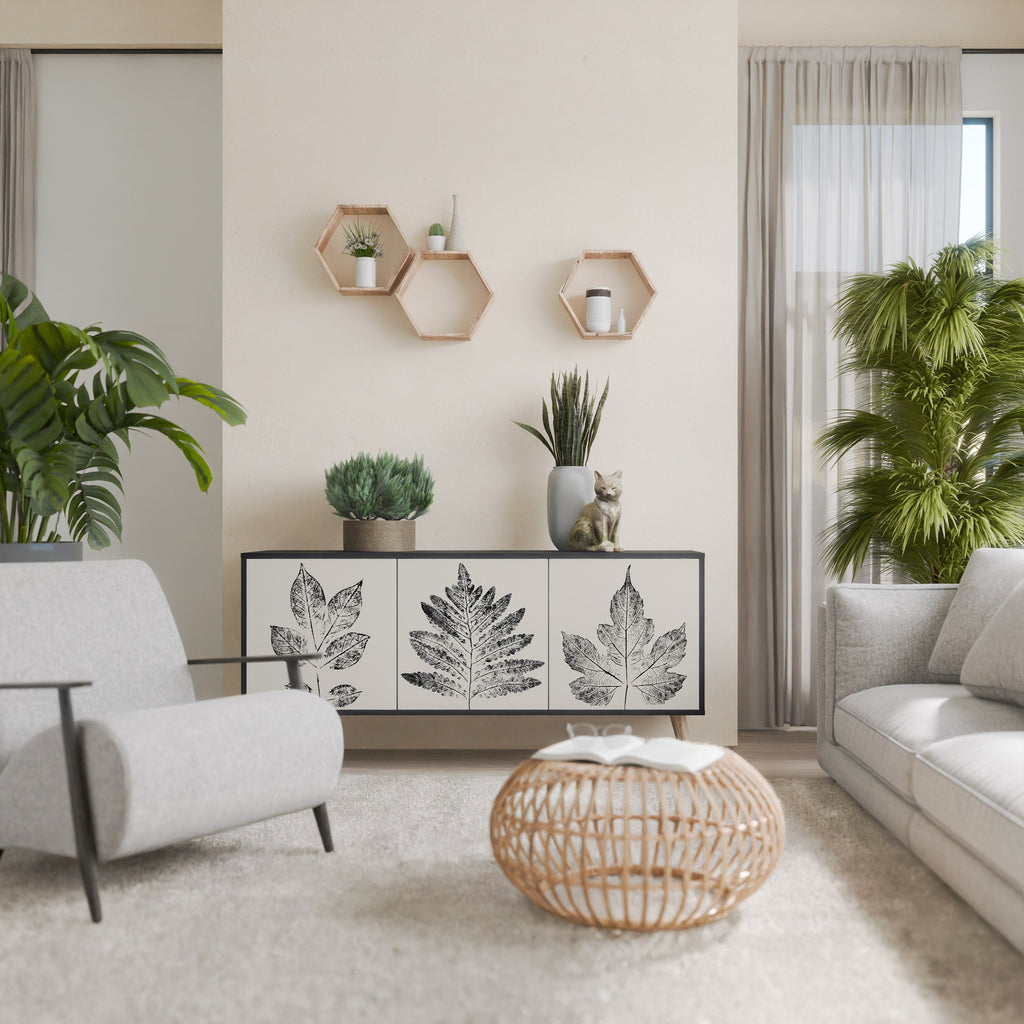 LEAFY STAMPS 3-Door Sideboard in Black Finish