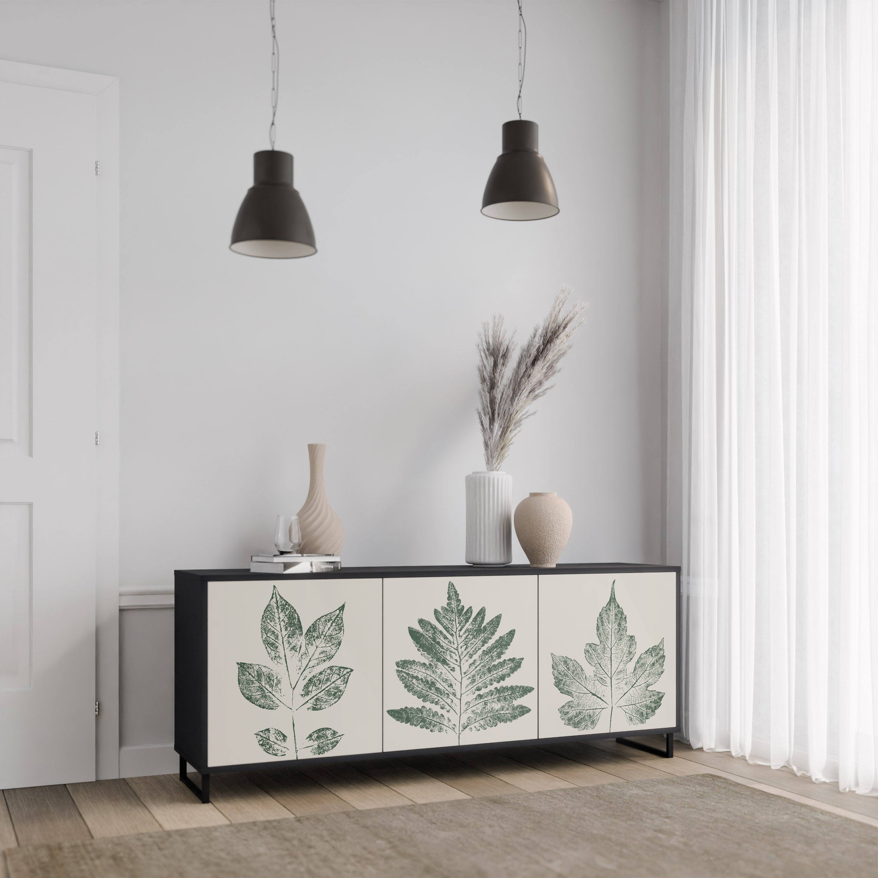 GREEN LEAFY STAMPS 3-Door Sideboard in Black Finish