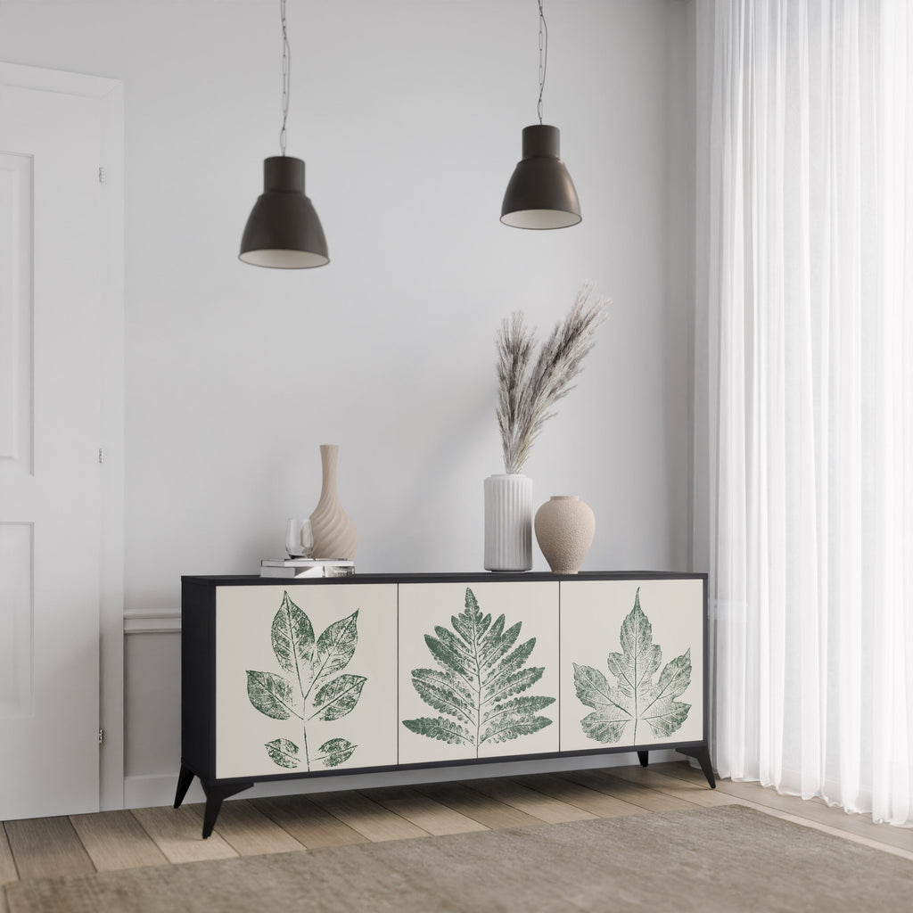 GREEN LEAFY STAMPS 3-Door Sideboard in Black Finish