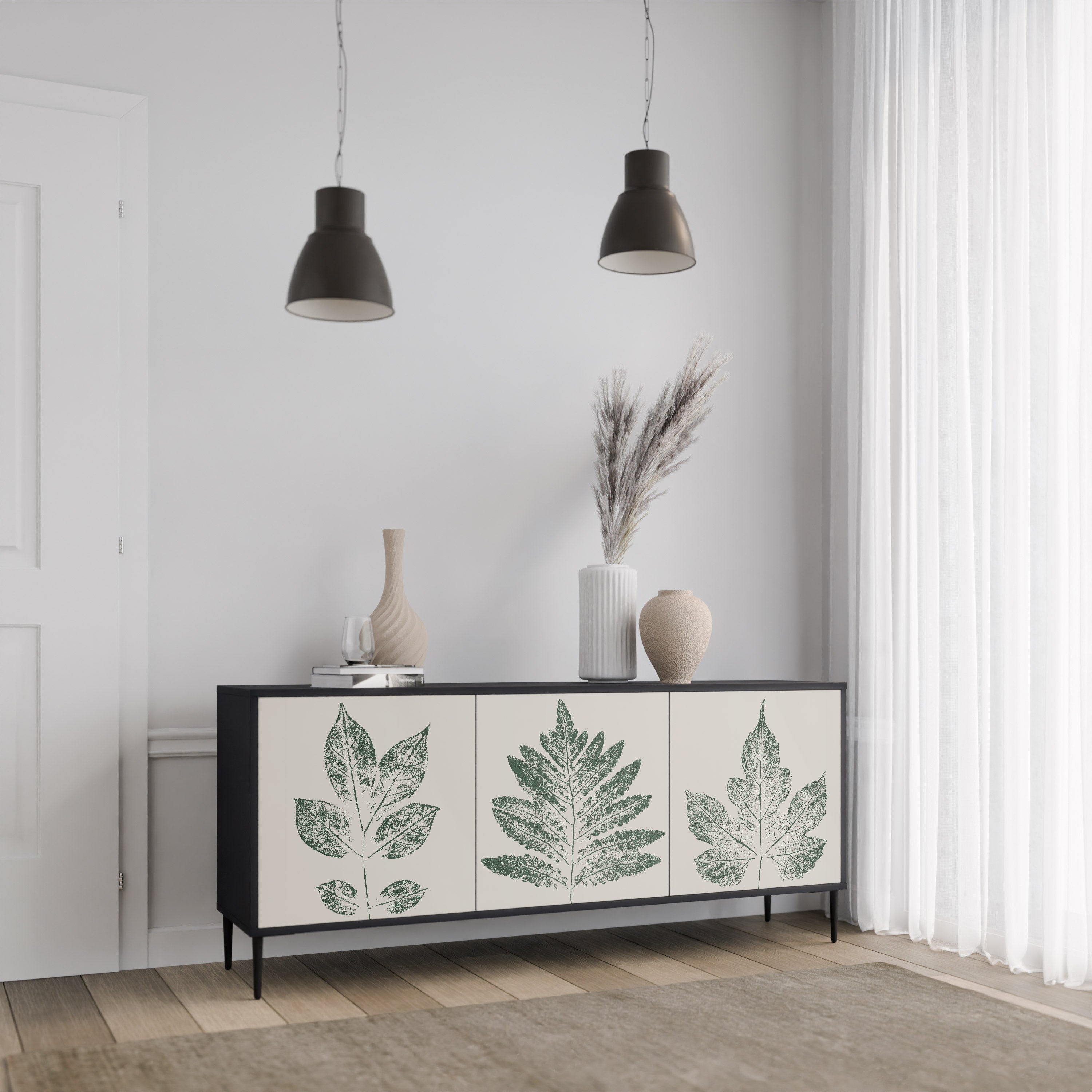 GREEN LEAFY STAMPS 3-Door Sideboard in Black Finish