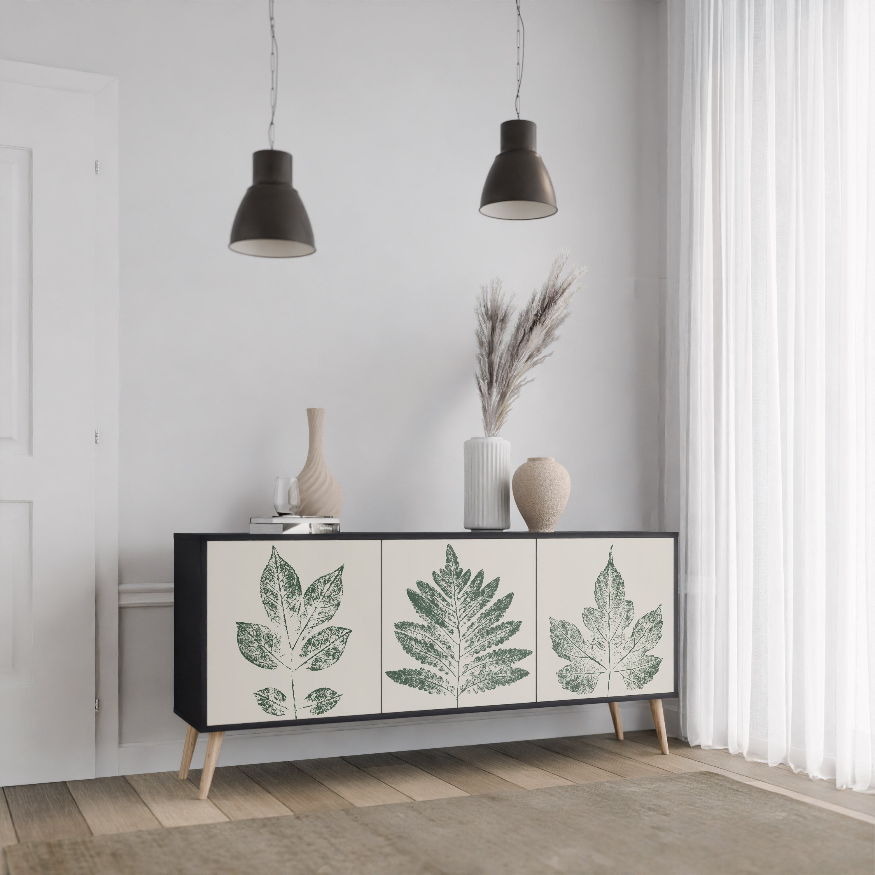 GREEN LEAFY STAMPS 3-Door Sideboard in Black Finish