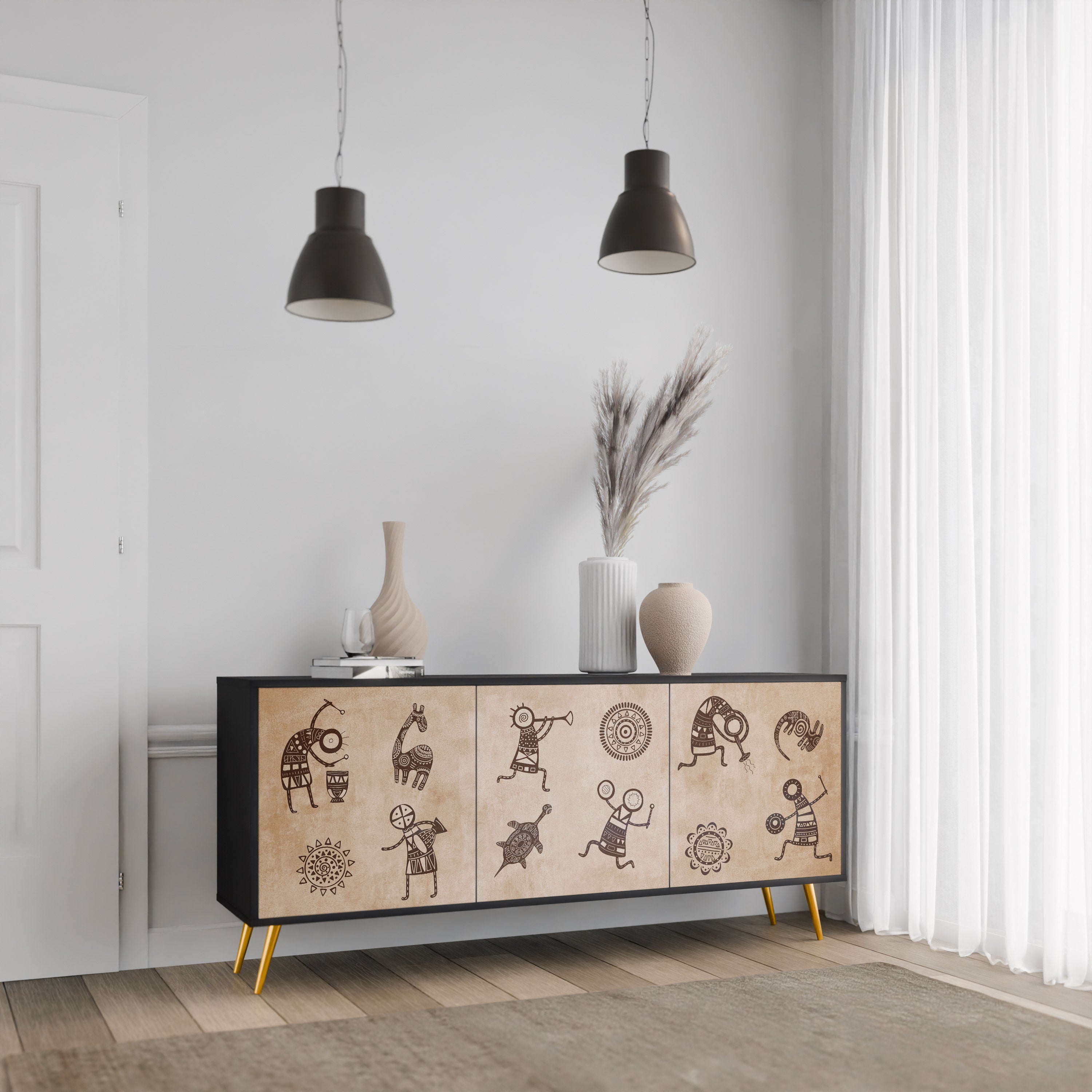 AFRICAN STYLE Aparador de 3 Portas em Acabamento Preto