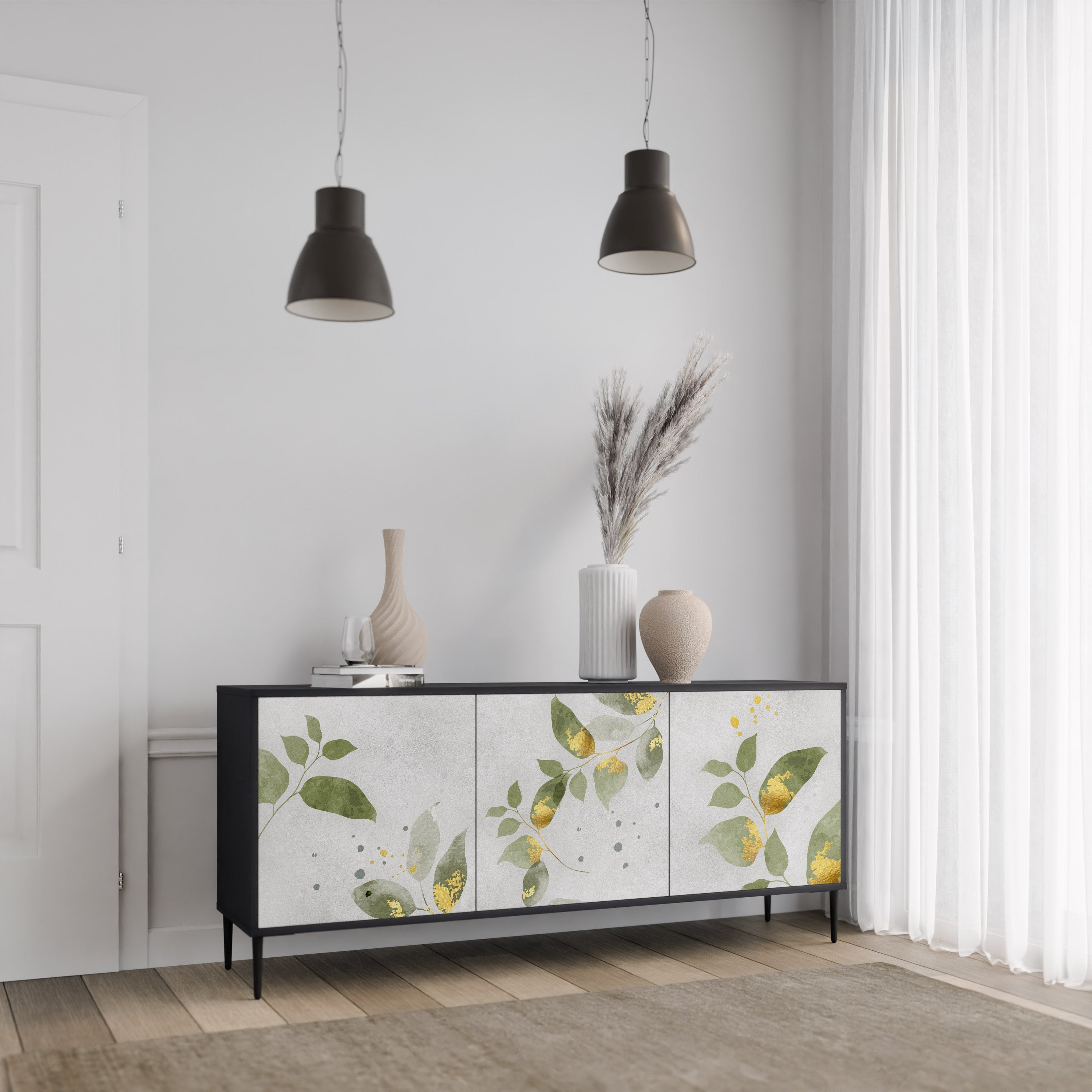 ELEGANT BOTANICS Aparador de 3 Portas em Acabamento Preto