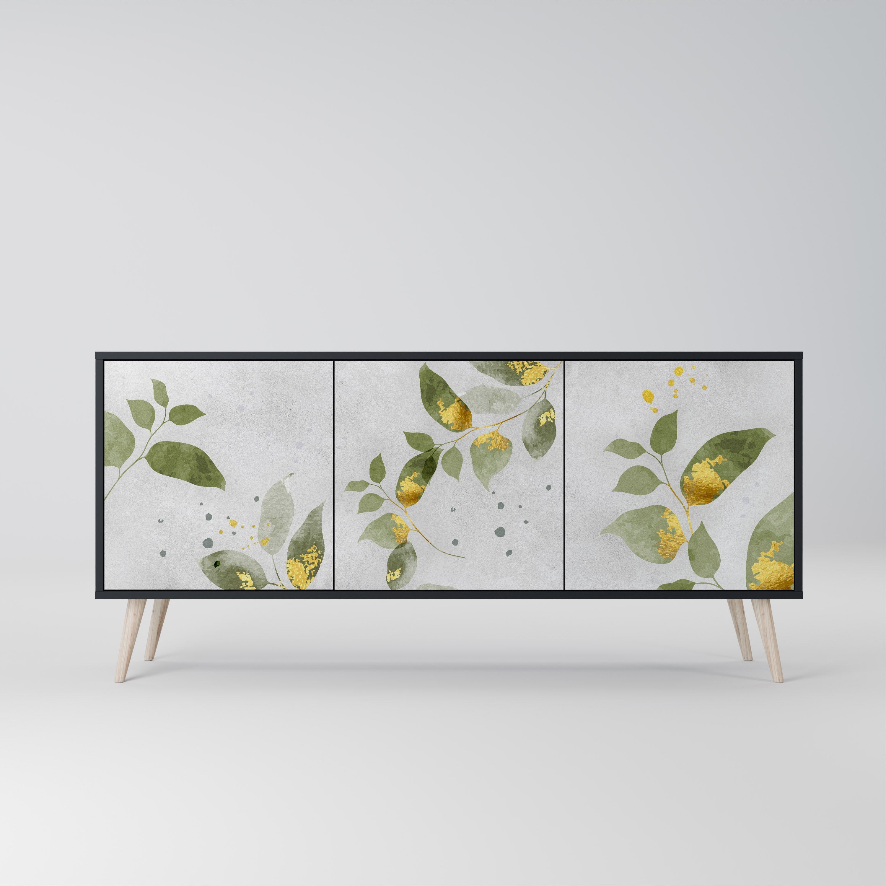 ELEGANT BOTANICS Aparador de 3 Portas em Acabamento Preto