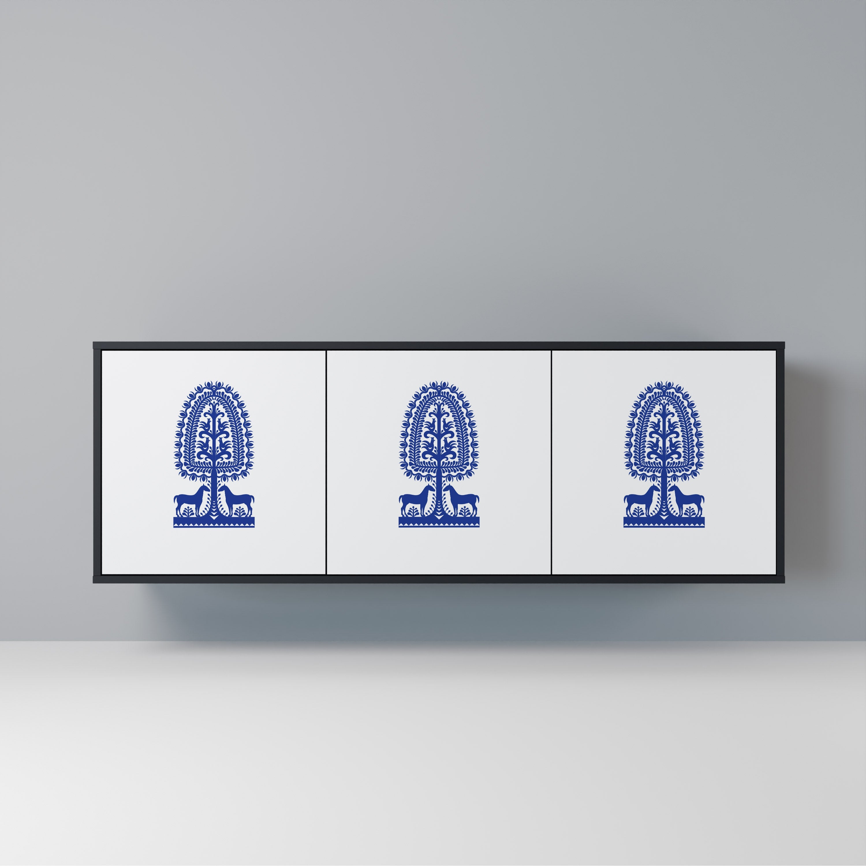 POLISH FOLK ART Aparador de 3 Portas em Acabamento Preto