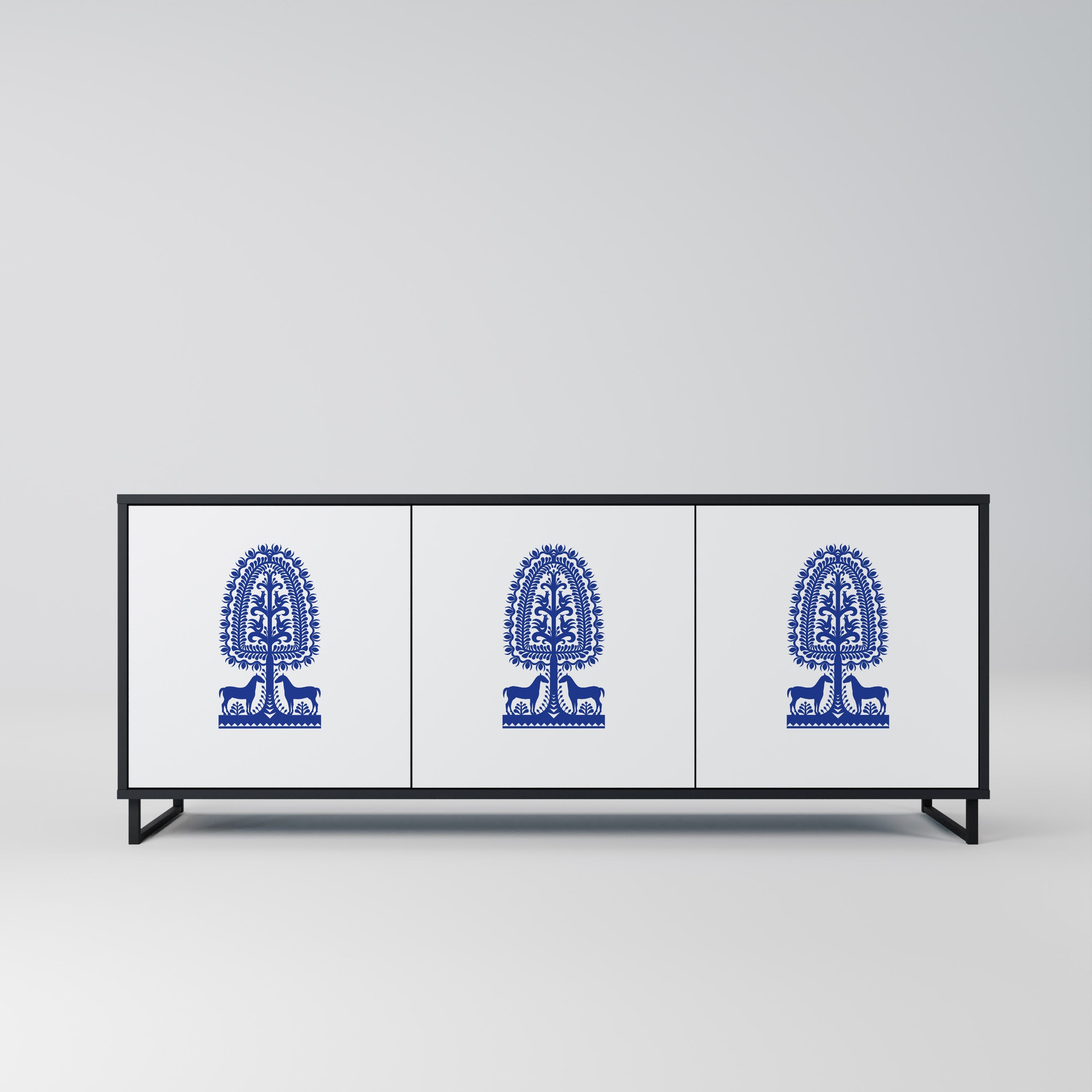 POLISH FOLK ART Aparador de 3 Portas em Acabamento Preto