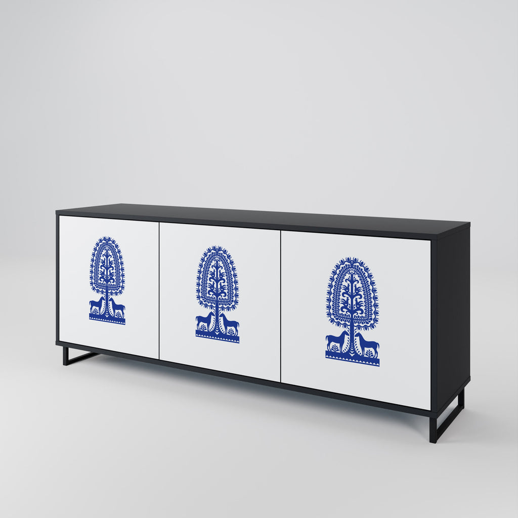 POLISH FOLK ART Aparador de 3 Portas em Acabamento Preto