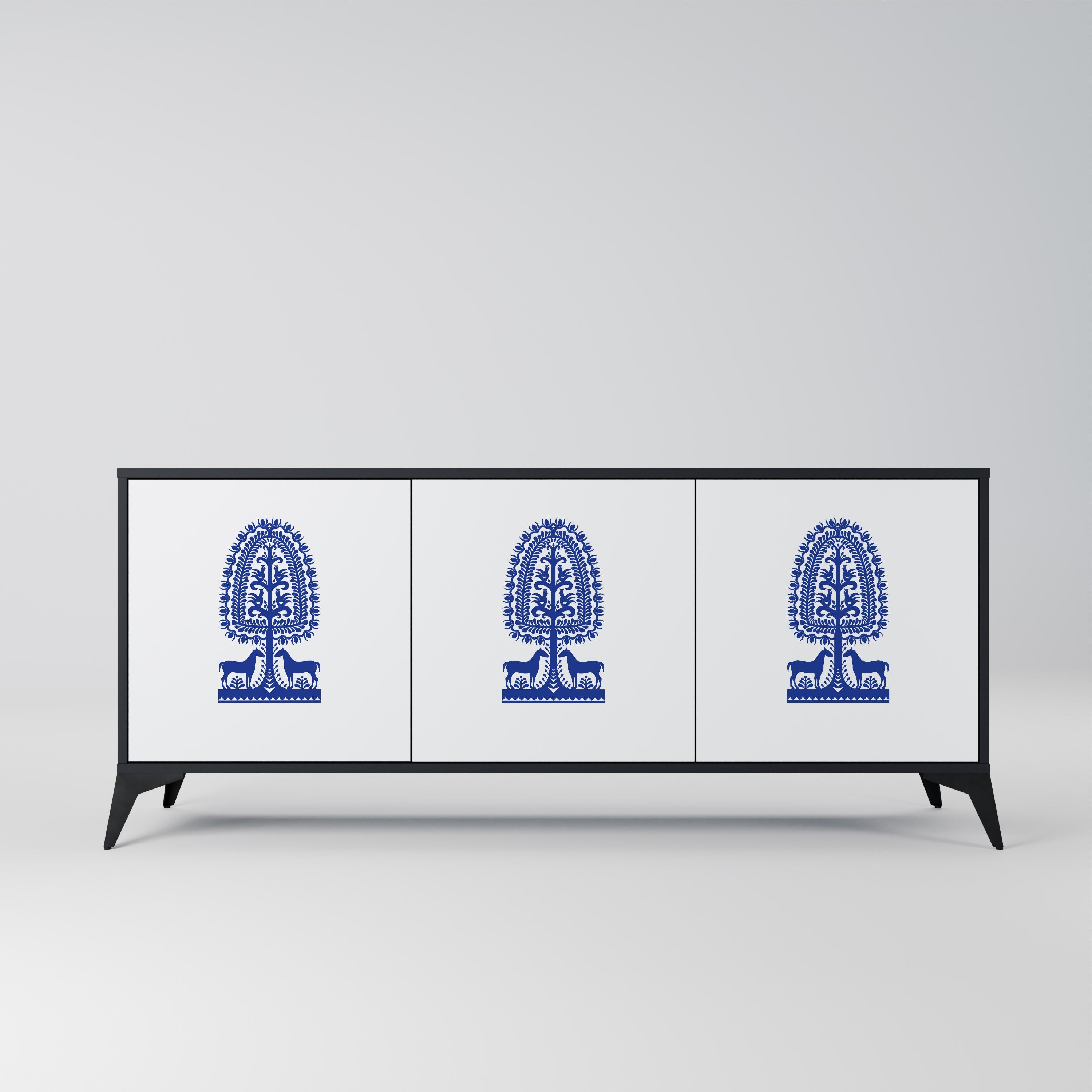 POLISH FOLK ART Aparador de 3 Portas em Acabamento Preto