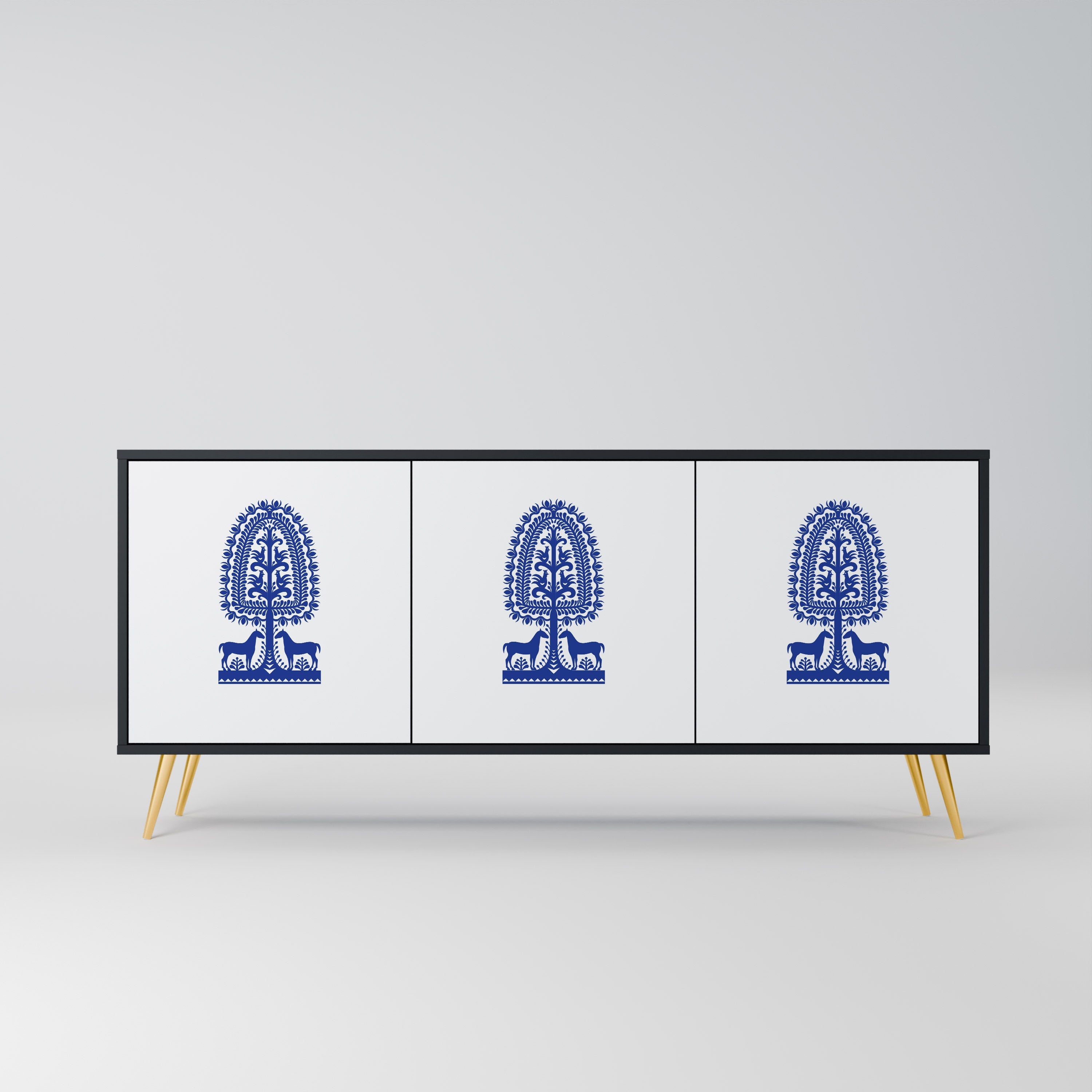 POLISH FOLK ART Aparador de 3 Portas em Acabamento Preto