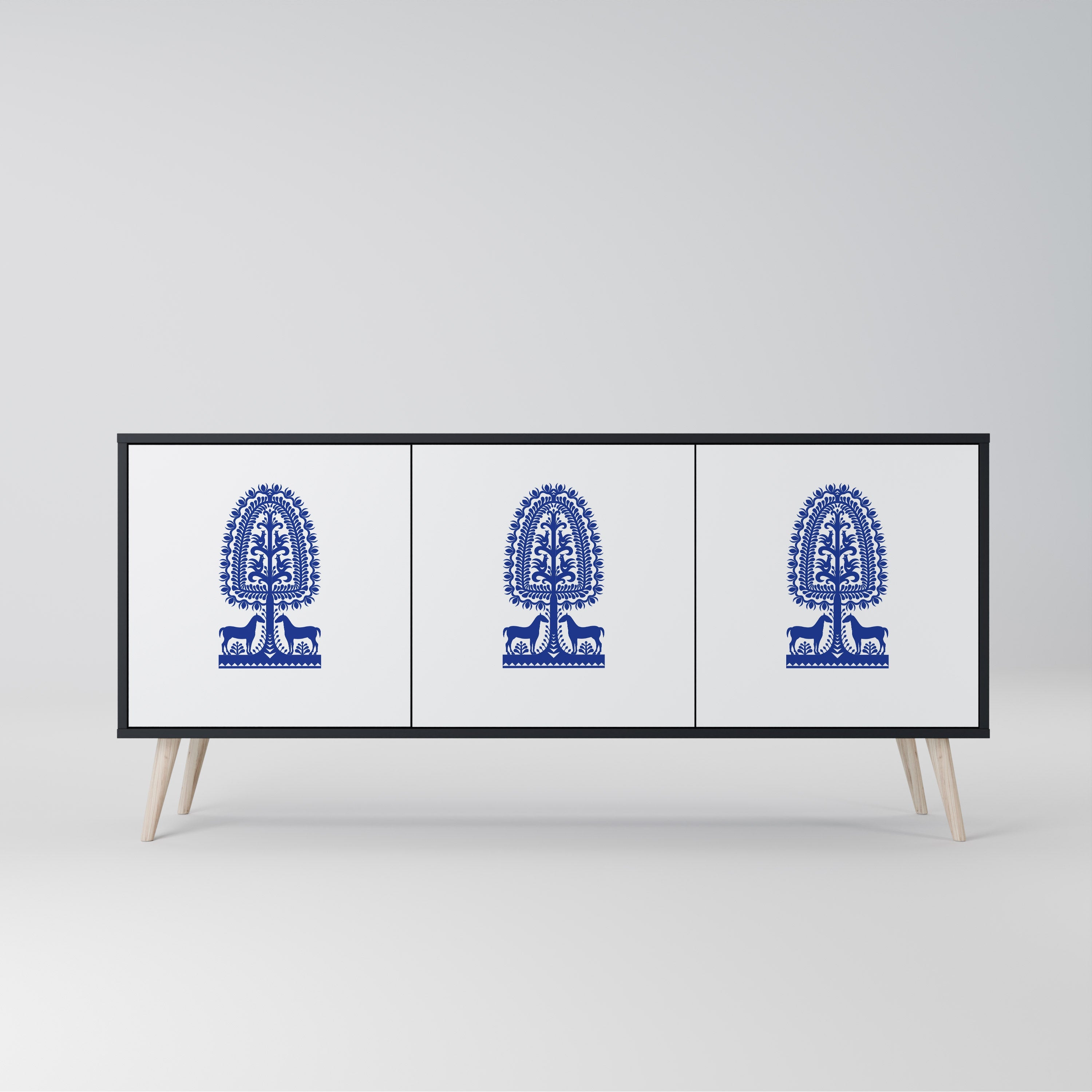 POLISH FOLK ART Aparador de 3 Portas em Acabamento Preto