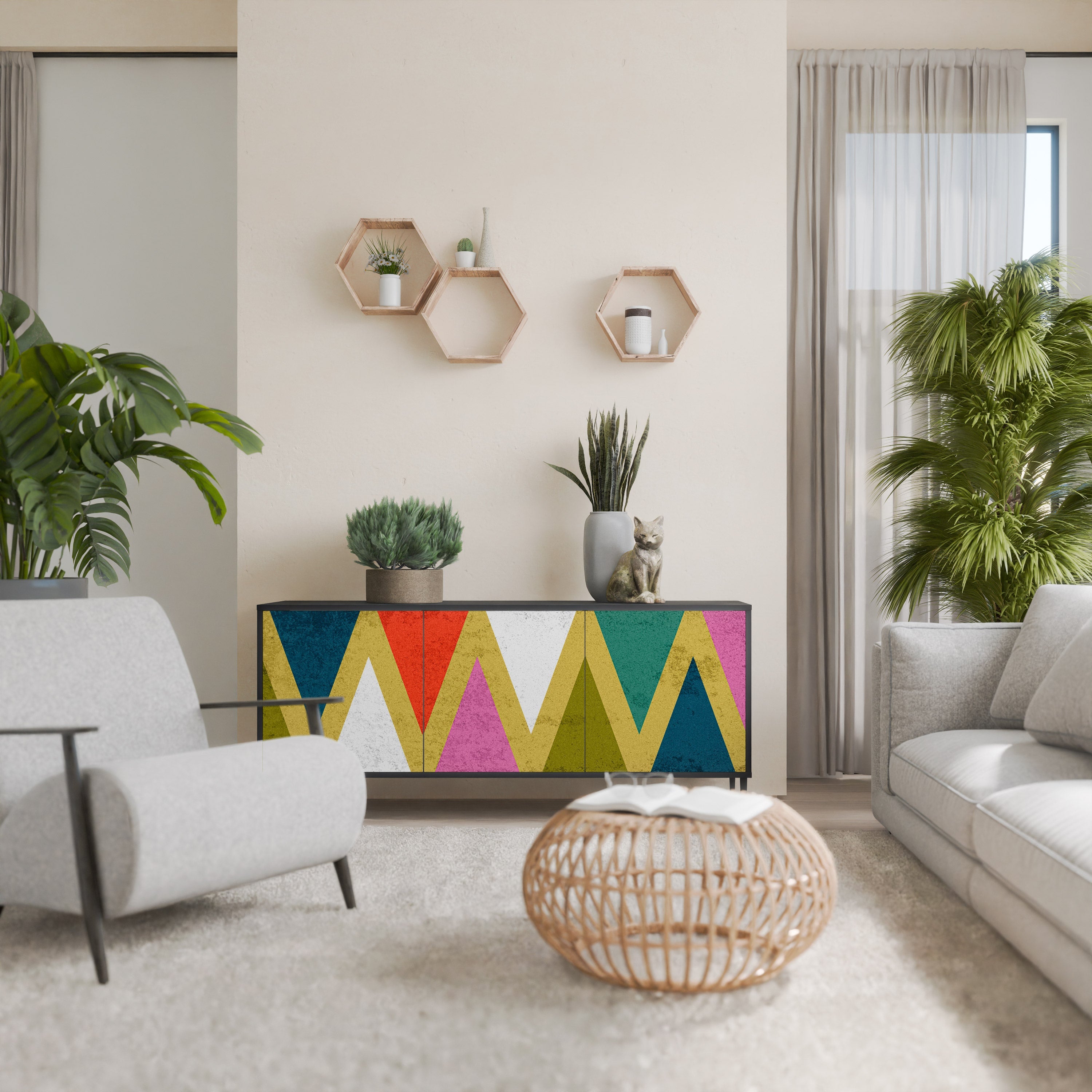 COLORFUL TRIANGLES Aparador de 3 Portas em Acabamento Preto