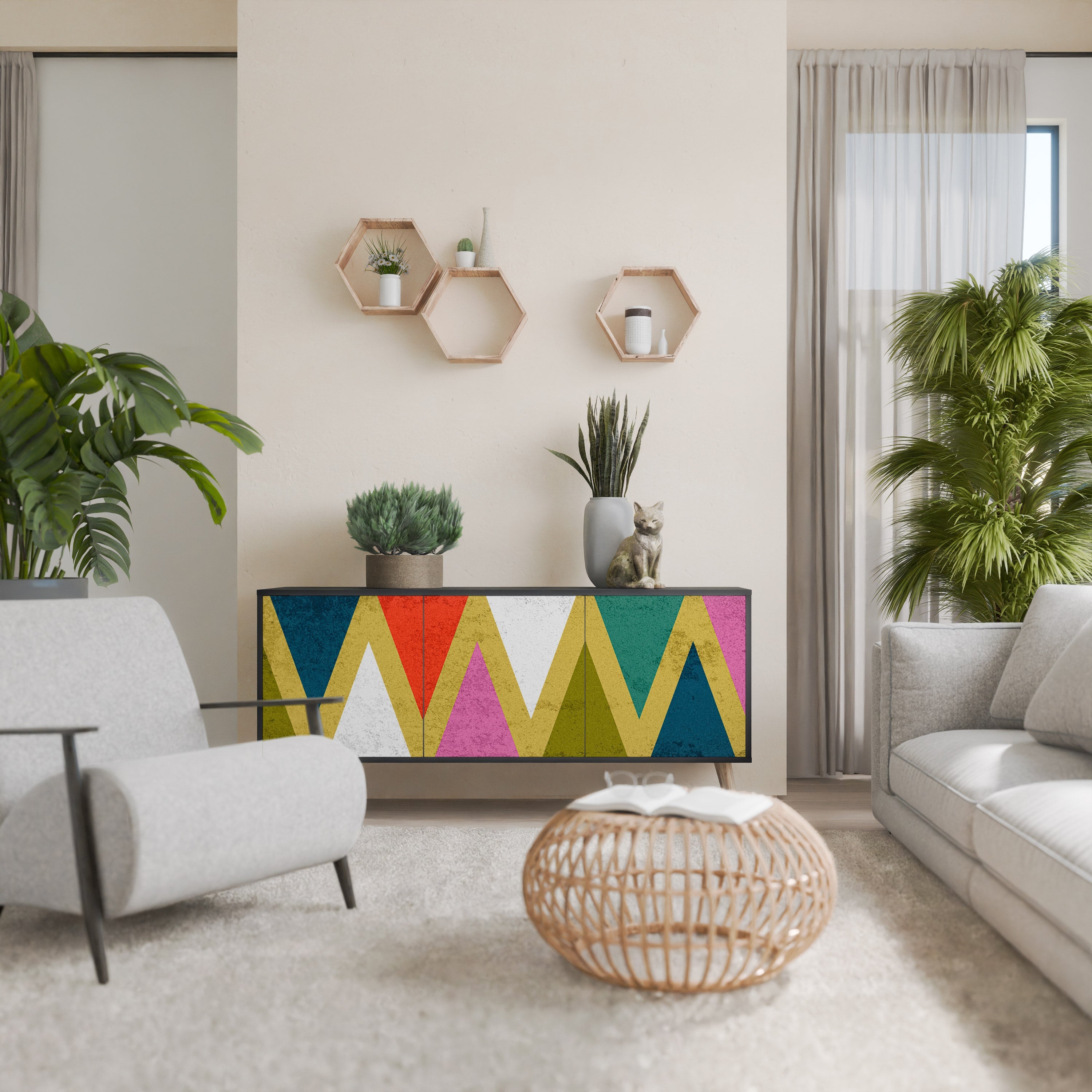 COLORFUL TRIANGLES Aparador de 3 Portas em Acabamento Preto