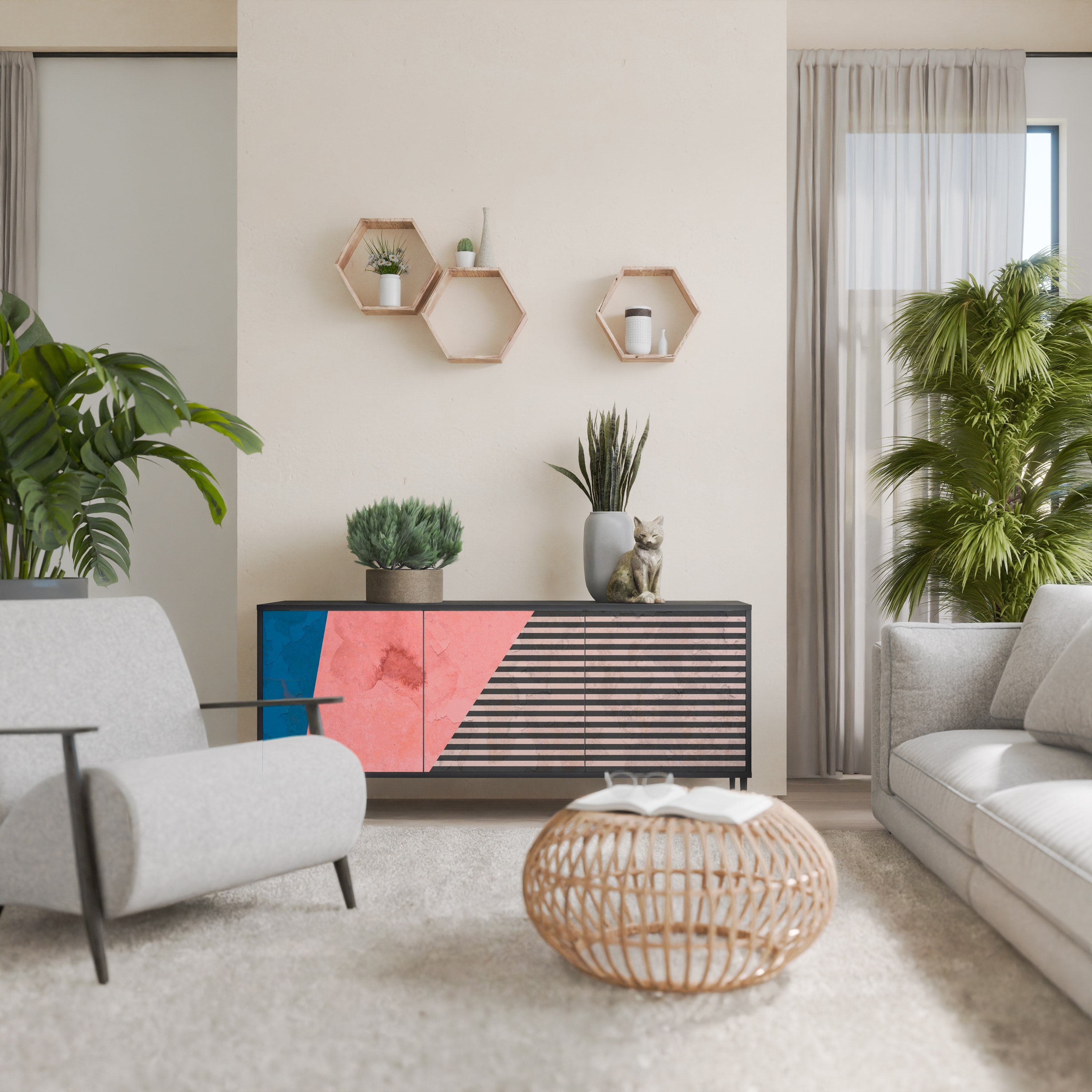 GLAMOROUS STRIPE Aparador de 3 Portas em Acabamento Preto