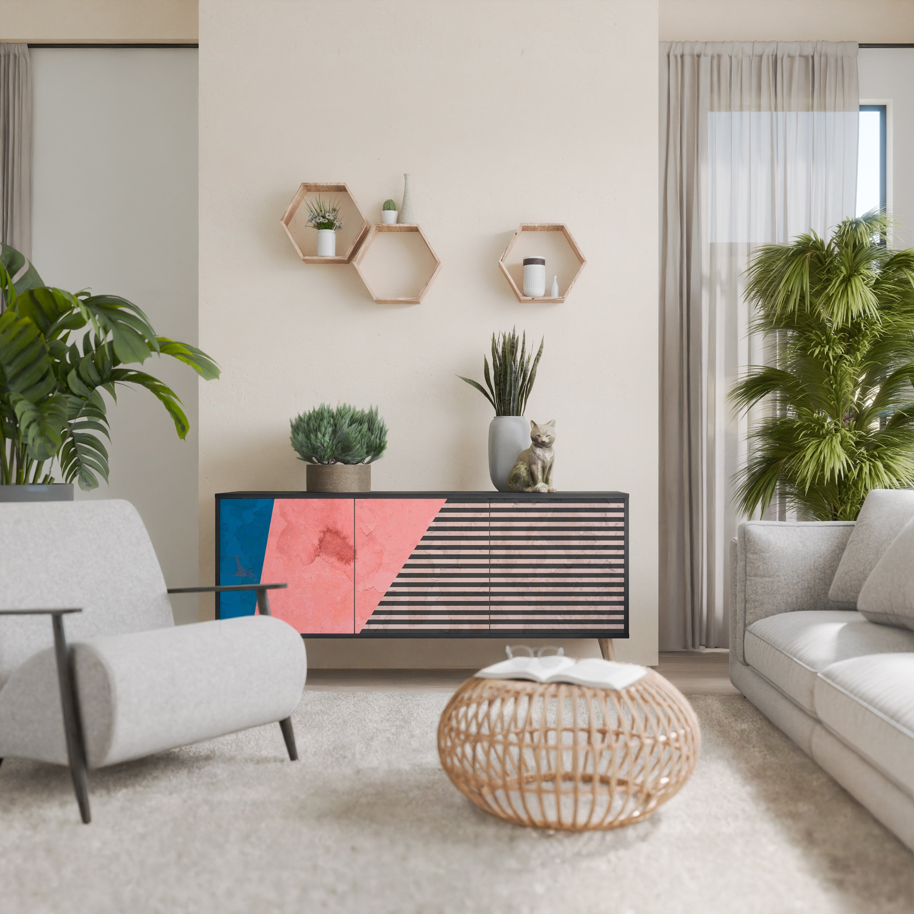 GLAMOROUS STRIPE Aparador de 3 Portas em Acabamento Preto