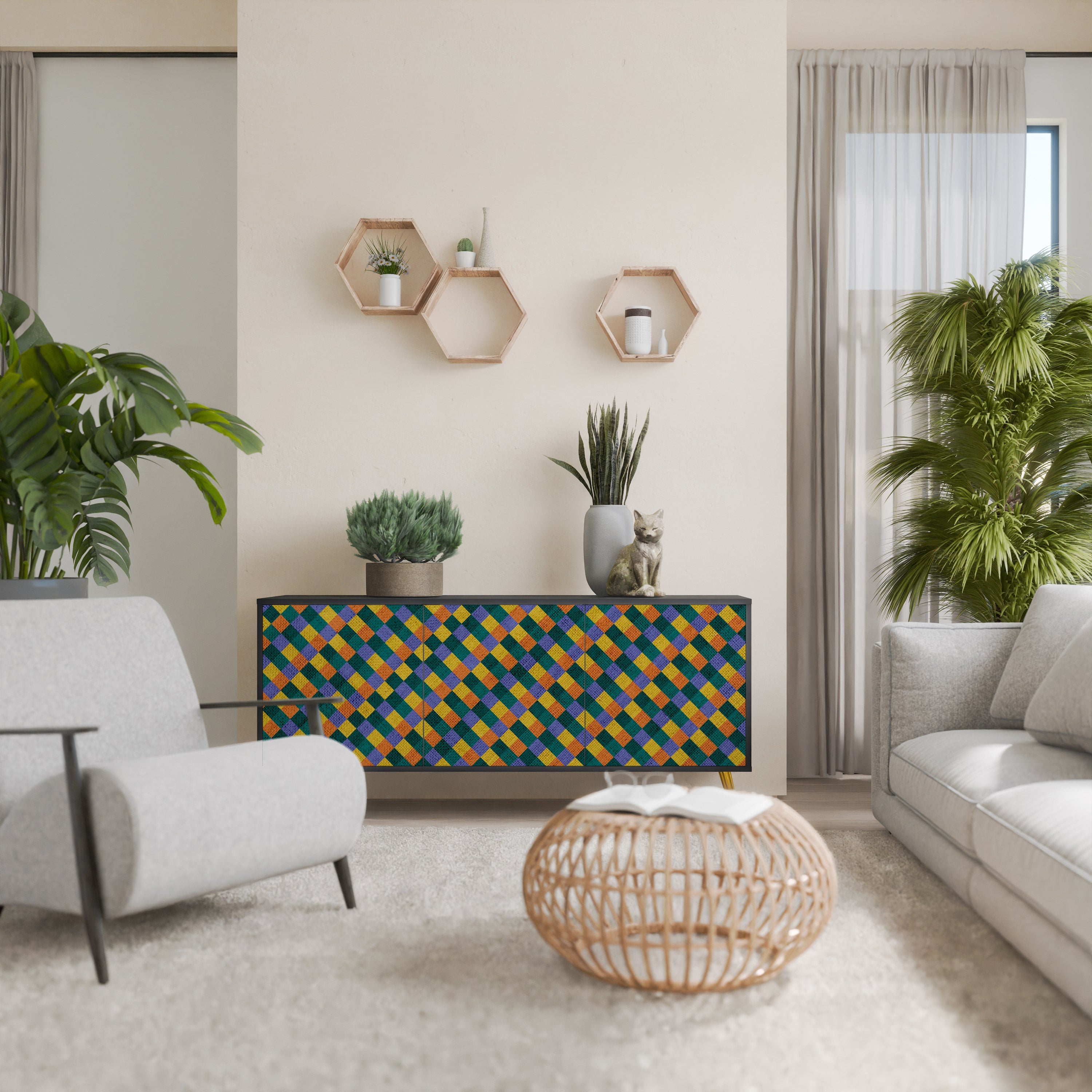 PAINTED SQUARES MIX 3-Door Sideboard in Black Finish